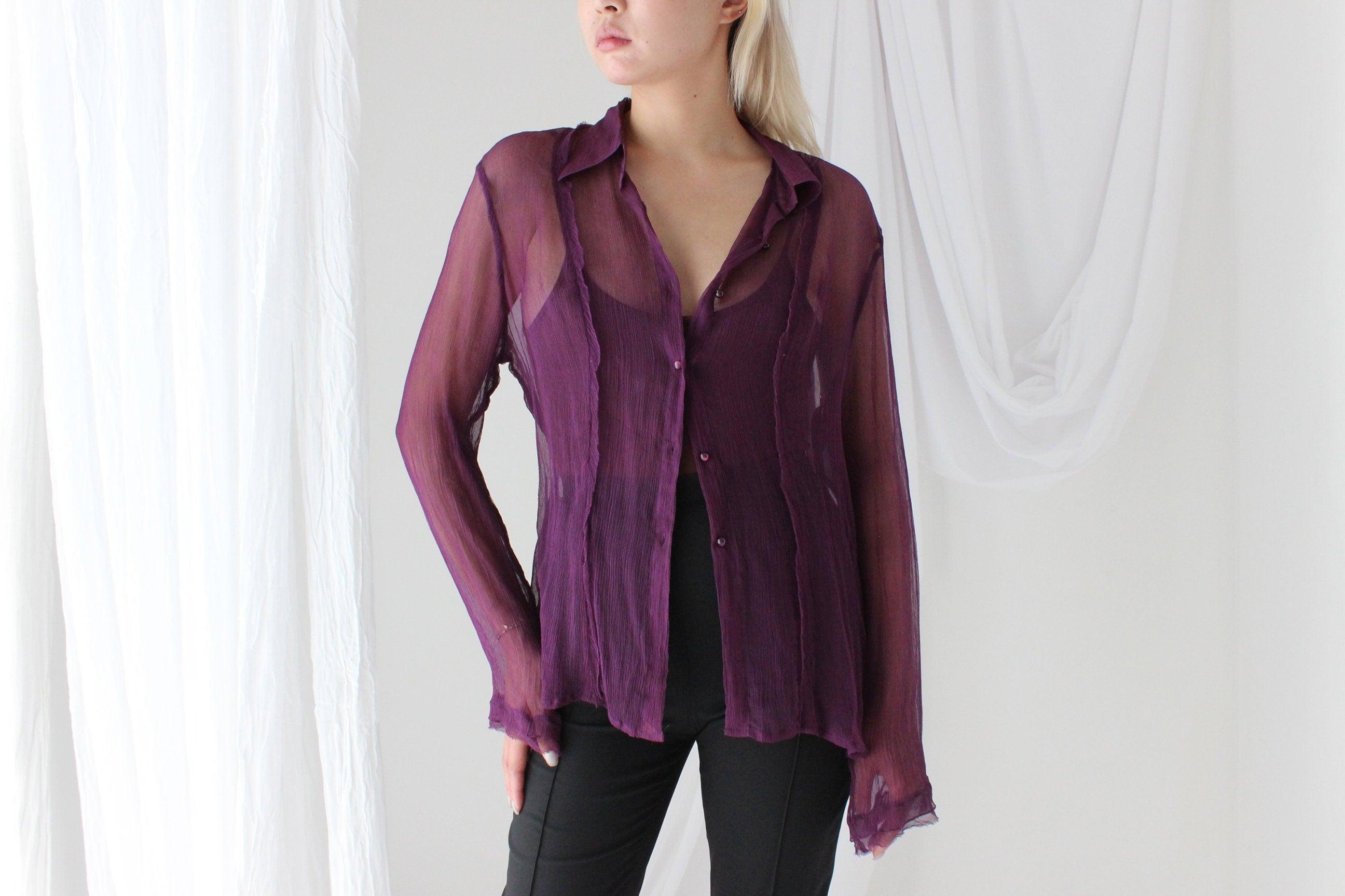 Sexy 90s Sheer Crinkle Silk Georgette Blouse