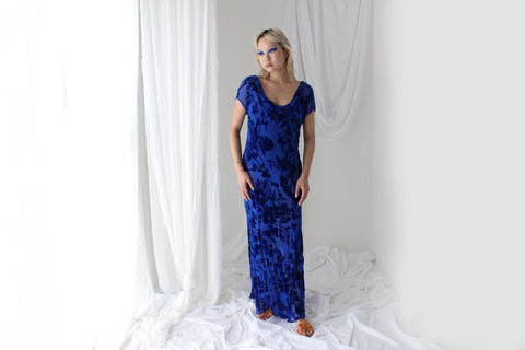 90s PURE SILK VELVET Cobalt Blue Floral Burnout Bias Cut Gown