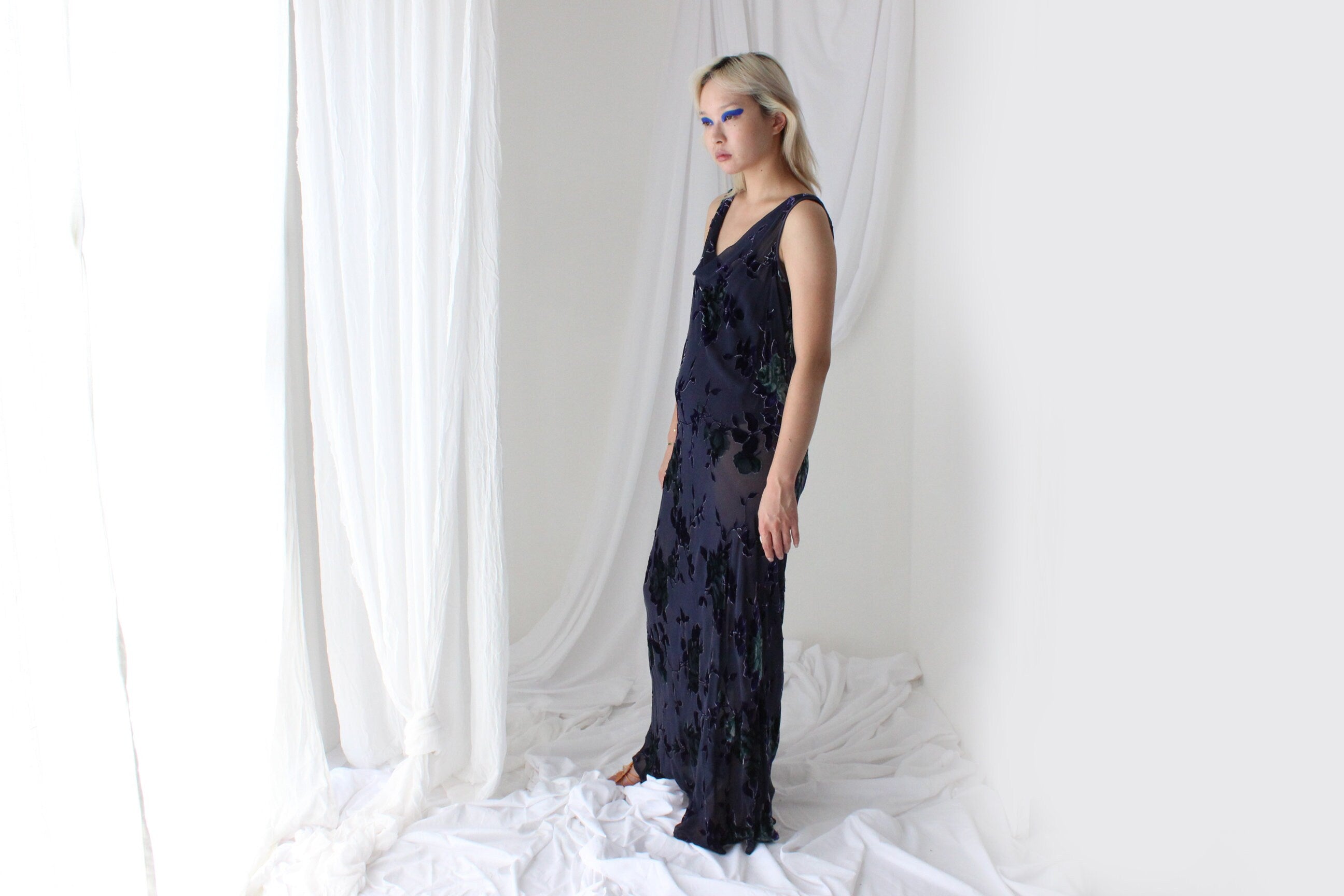 90s PURE SILK VELVET Floral Burnout Bias Cut Cowl Neck Gown