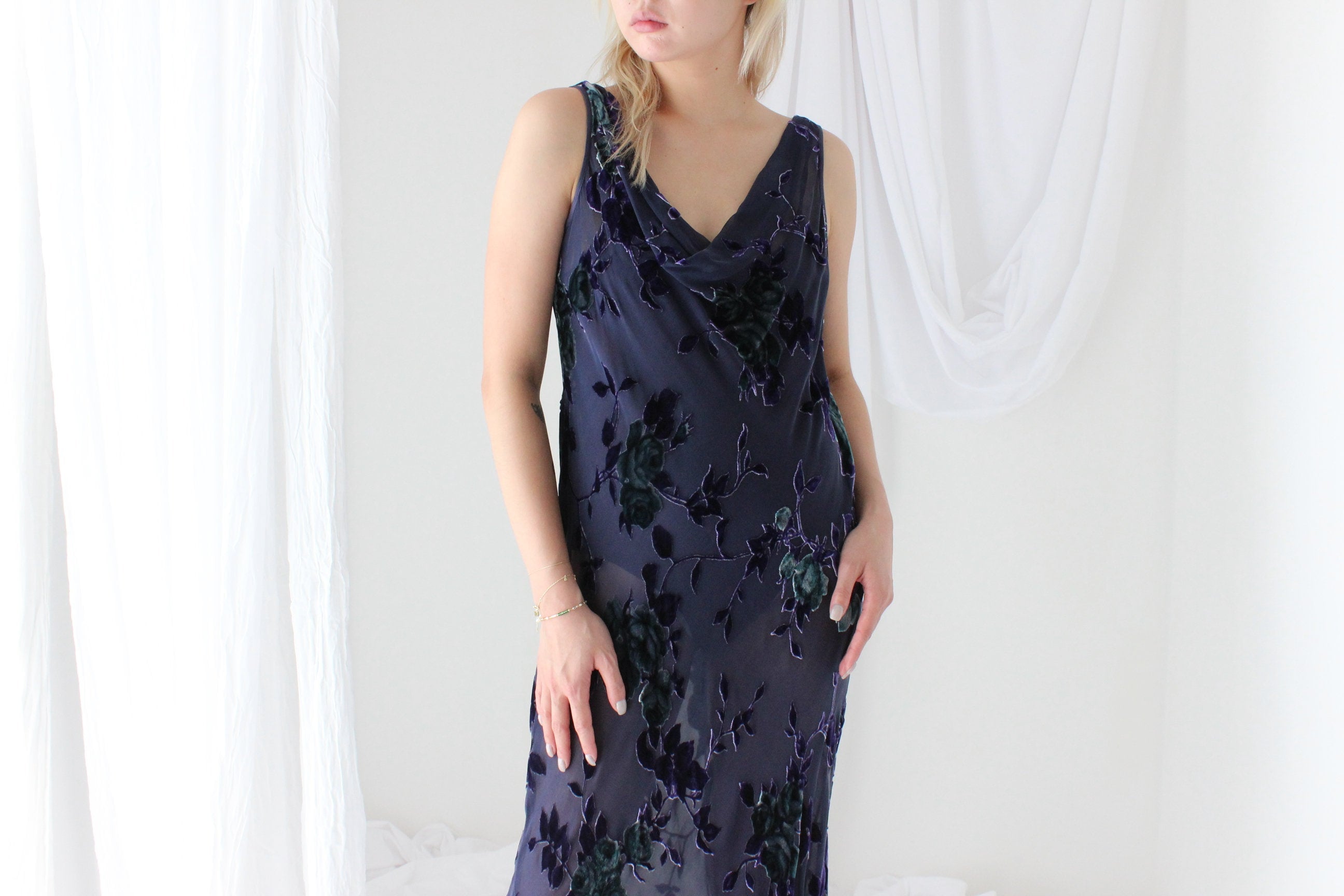 90s PURE SILK VELVET Floral Burnout Bias Cut Cowl Neck Gown