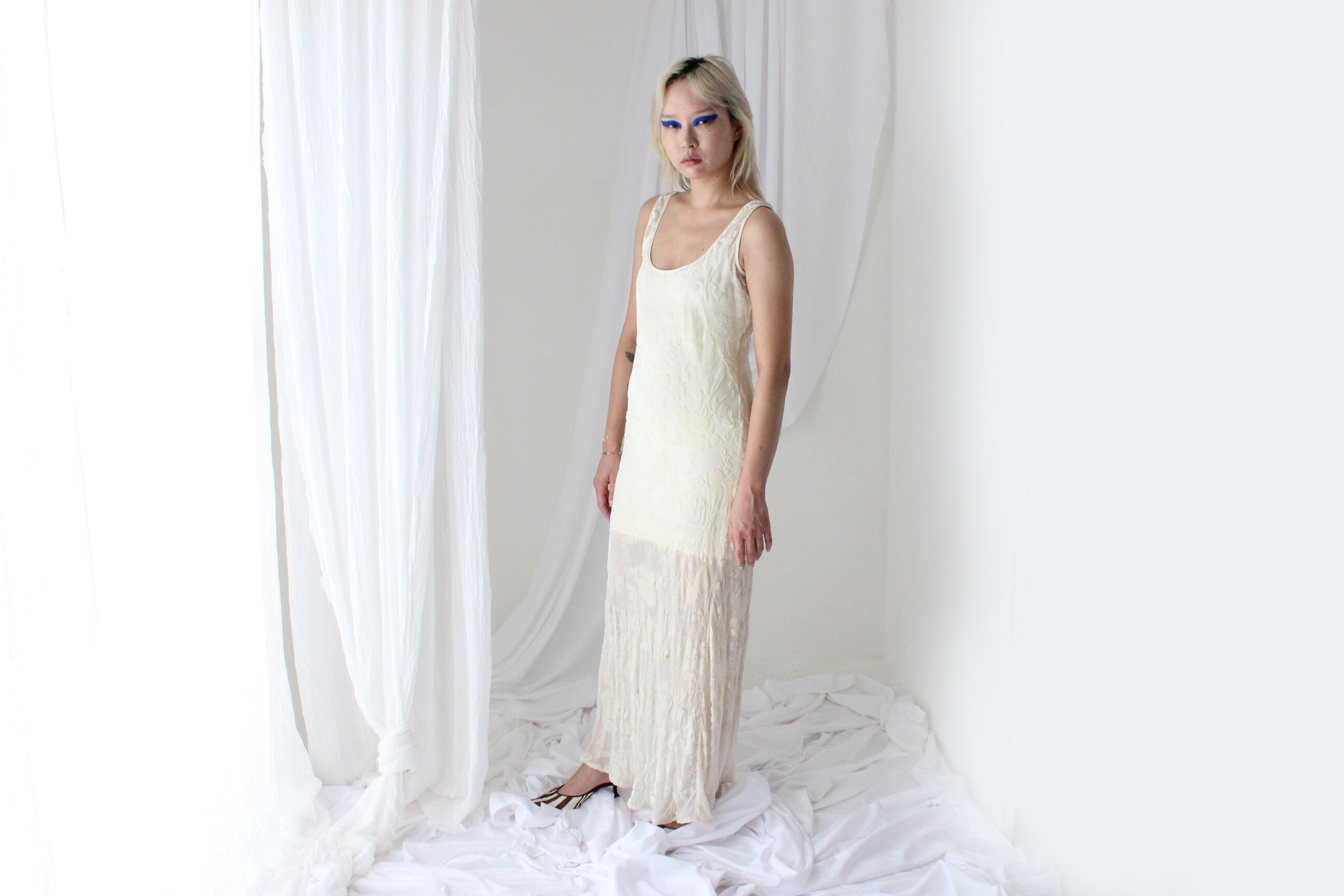 90s PURE SILK VELVET Cream Floral Burnout Bias Cut Gown