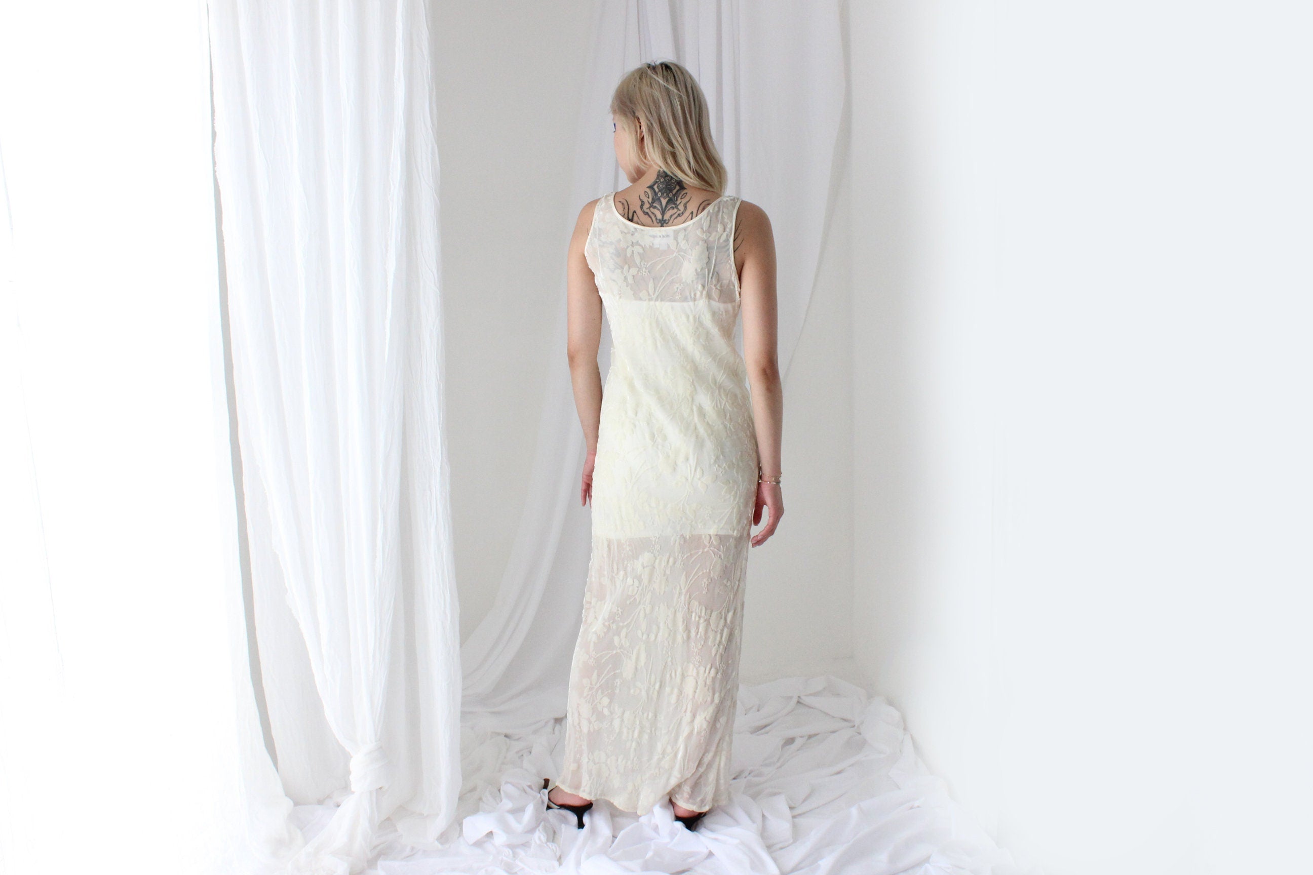 90s PURE SILK VELVET Cream Floral Burnout Bias Cut Gown