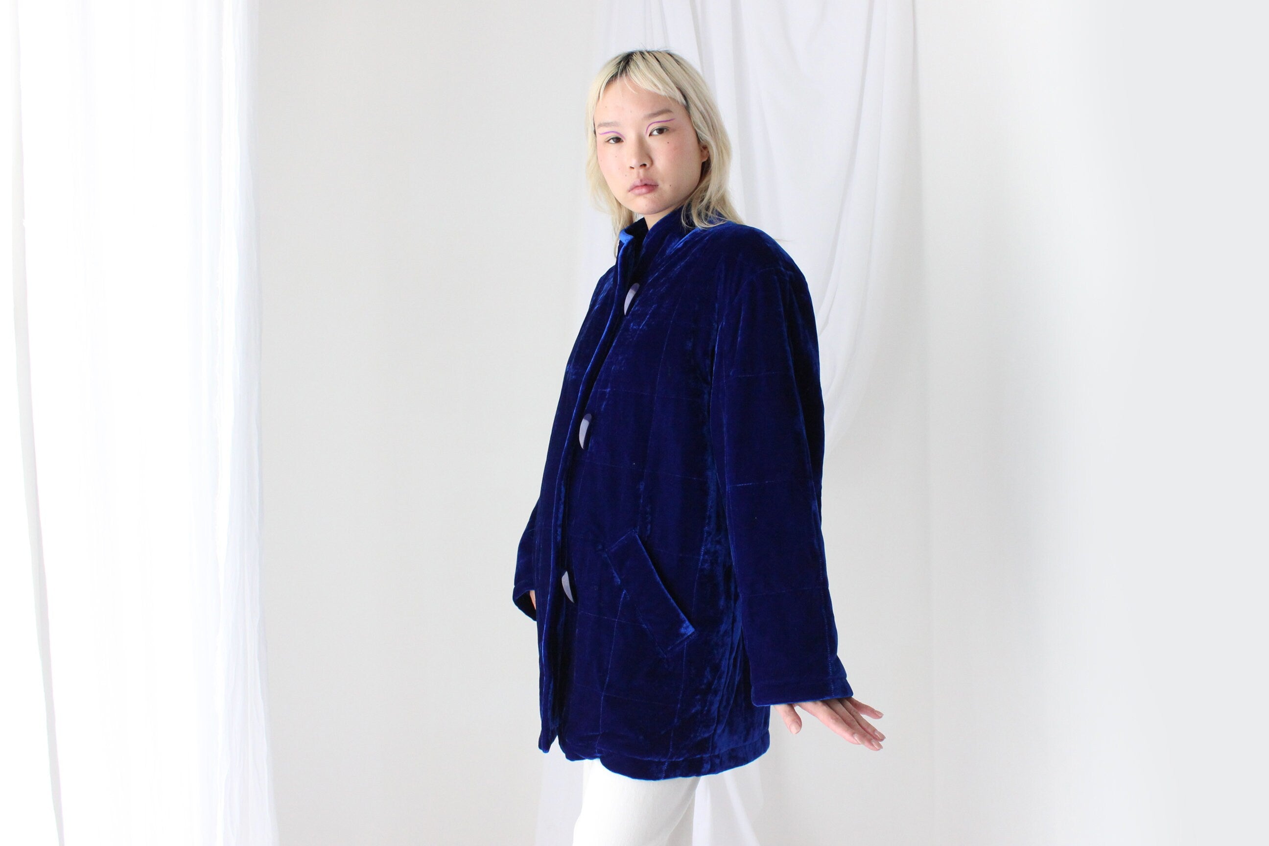 80s QUILTED VELVET Luxury Puffer Bomber Jacket in Cobalt Blue