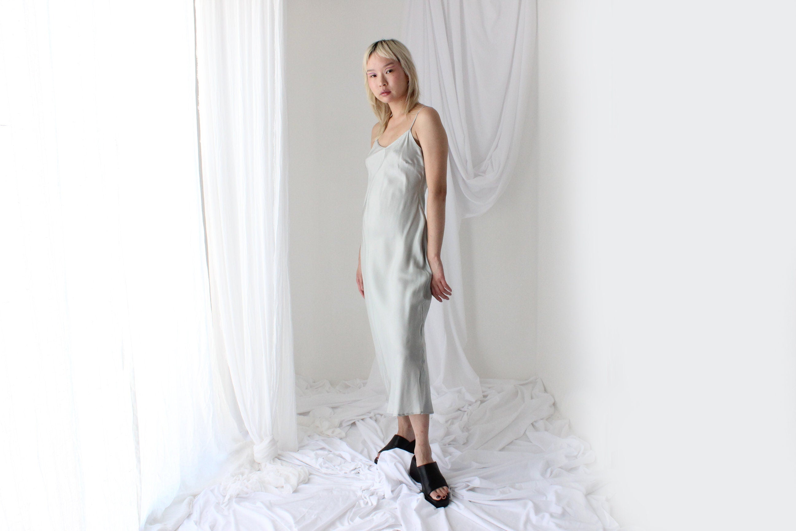 90s Pure Silk Bias Cut Slip Dress in Ice