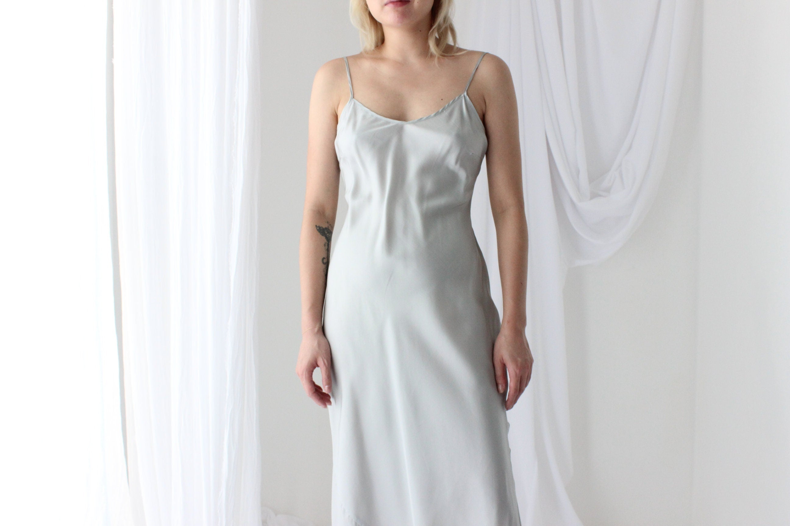 90s Pure Silk Bias Cut Slip Dress in Ice