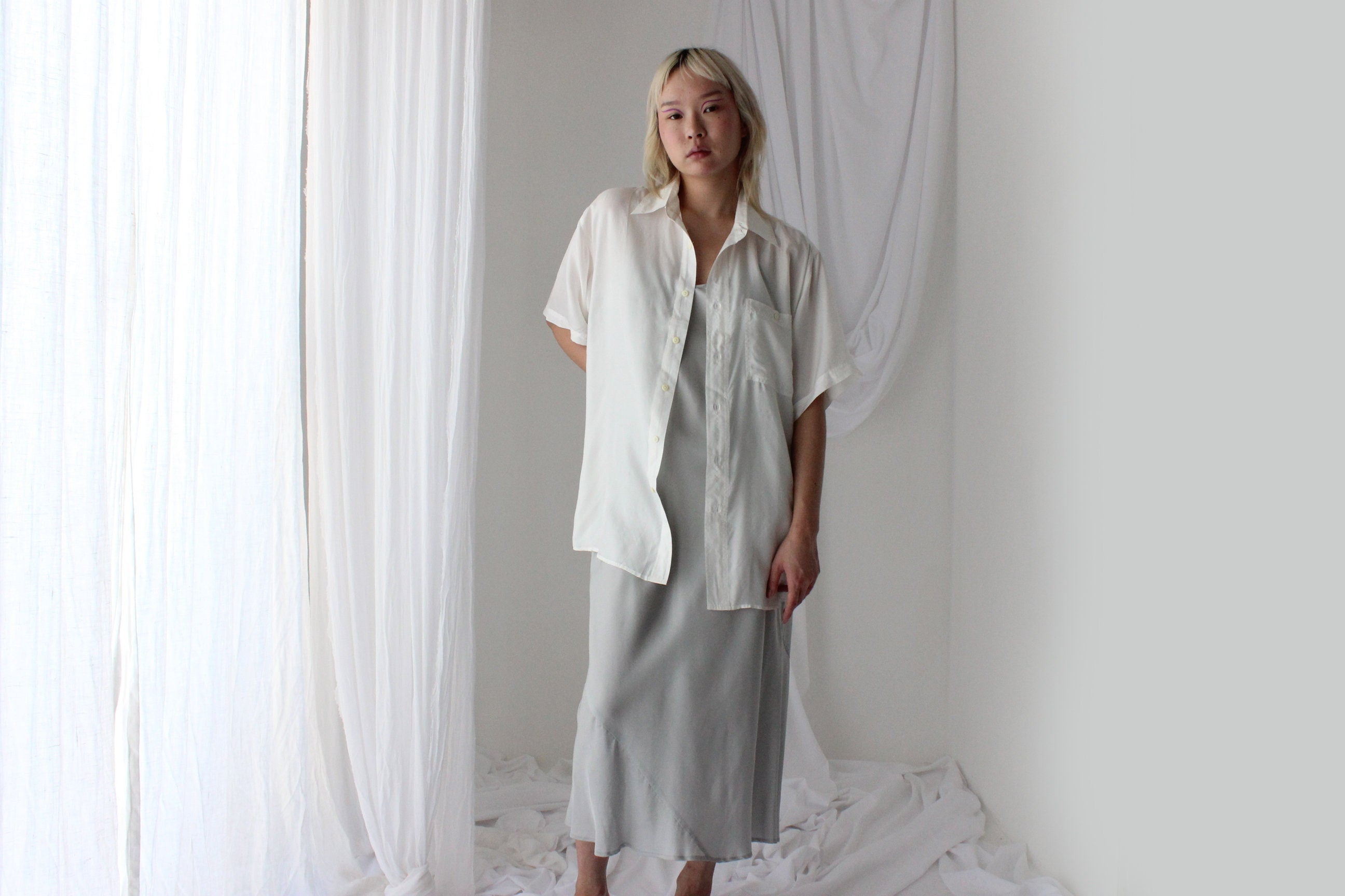 80s PURE SILK Snow White Boxy Oversized Shirt