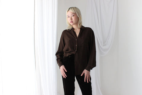90s Pure Silk Chocolate Relaxed Button Up Blouse