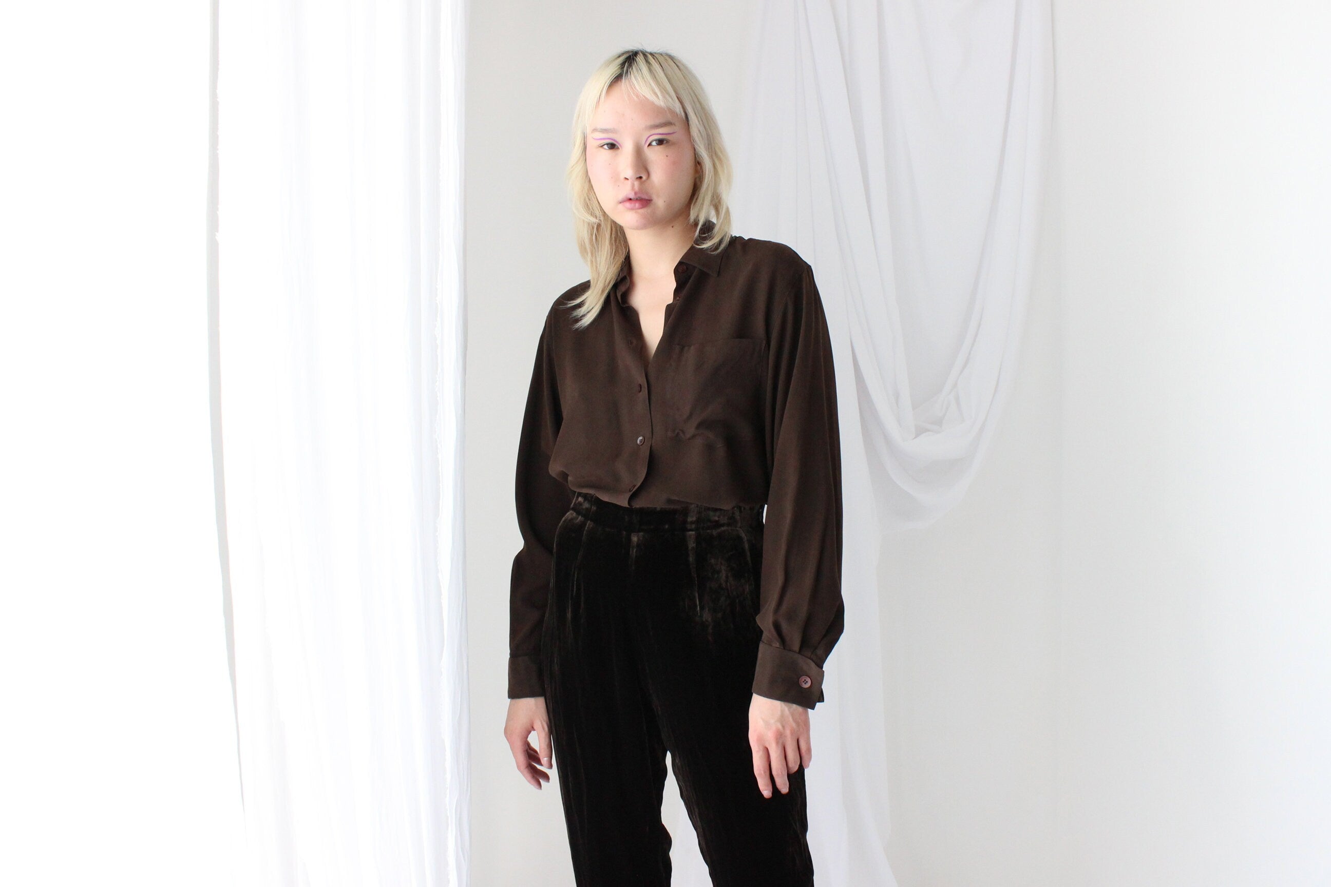 90s Pure Silk Chocolate Relaxed Button Up Blouse