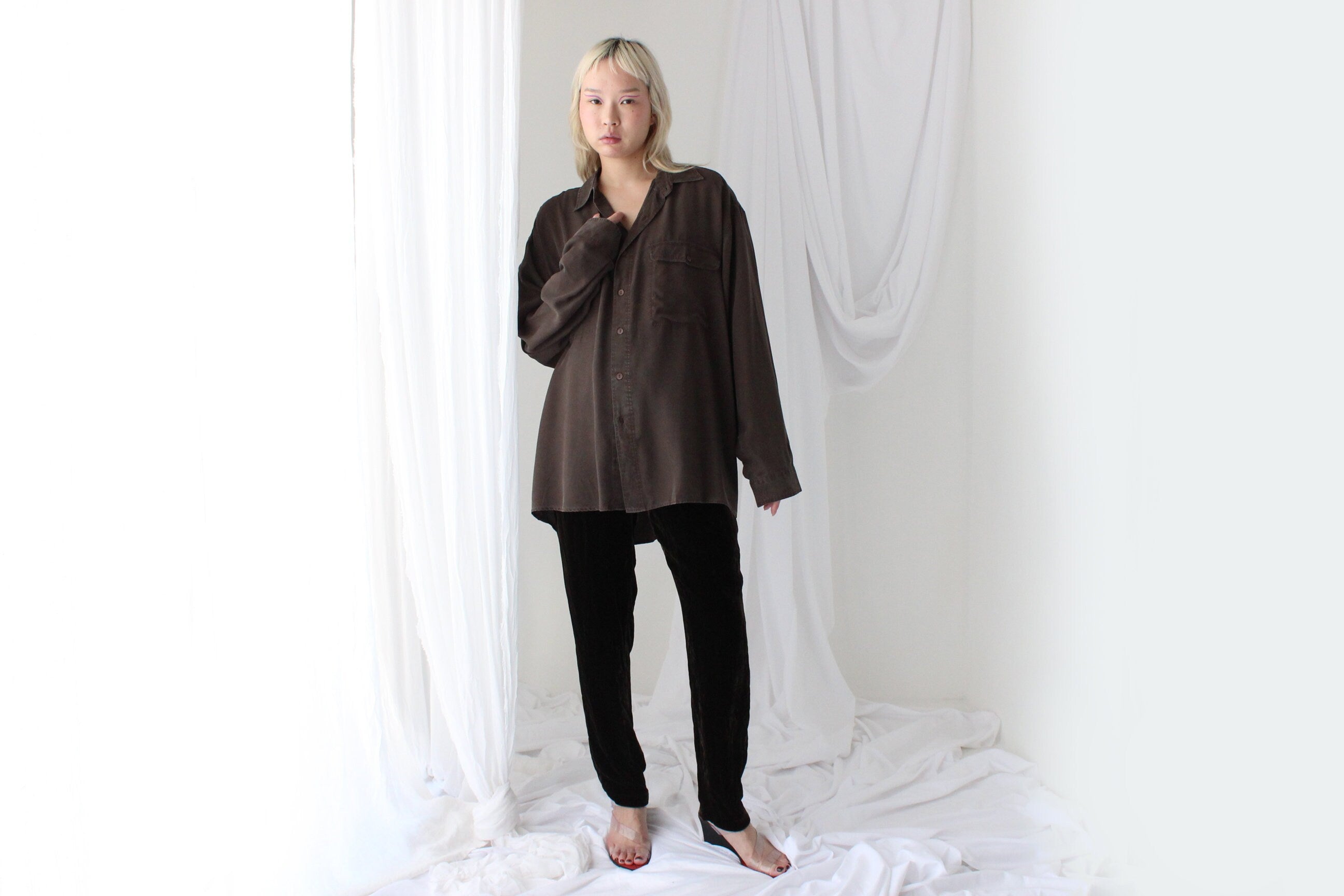 90s Pure Silk Chocolate "Corduroy" Textured Oversized Shirt