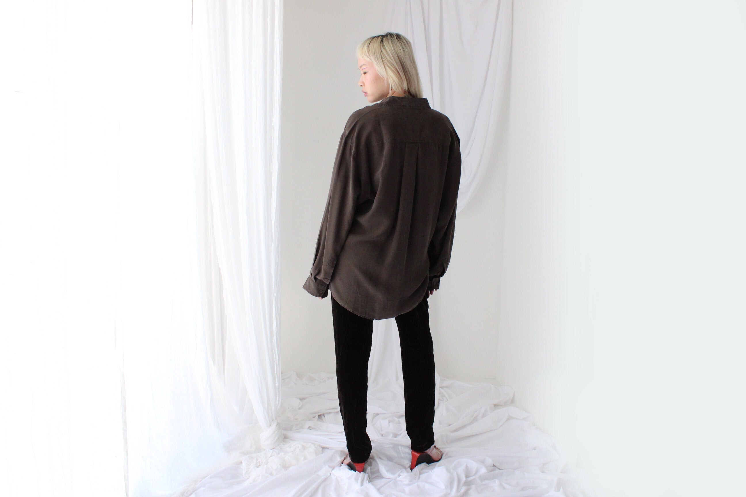 90s Pure Silk Chocolate "Corduroy" Textured Oversized Shirt