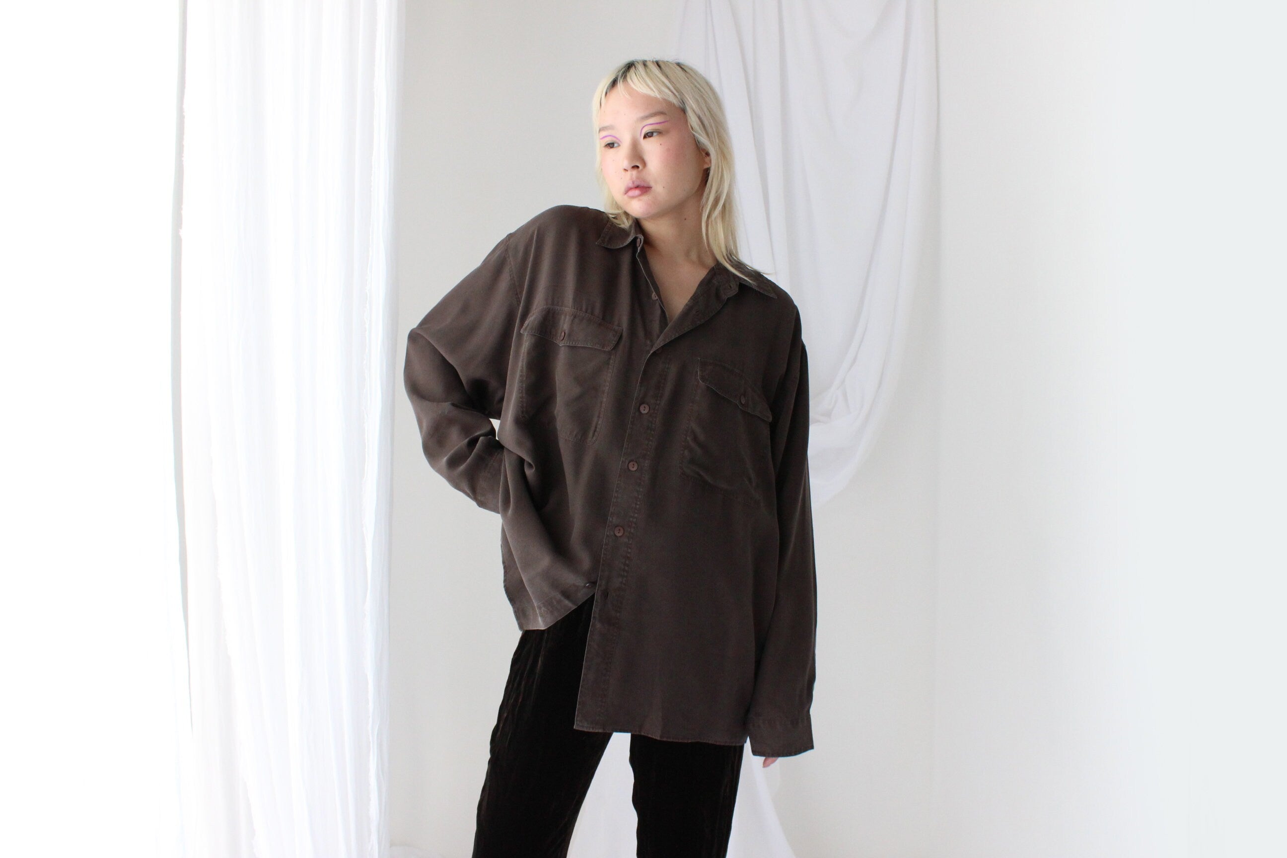 90s Pure Silk Chocolate "Corduroy" Textured Oversized Shirt