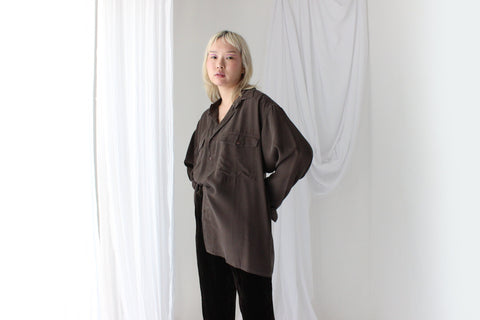 90s Pure Silk Chocolate "Corduroy" Textured Oversized Shirt