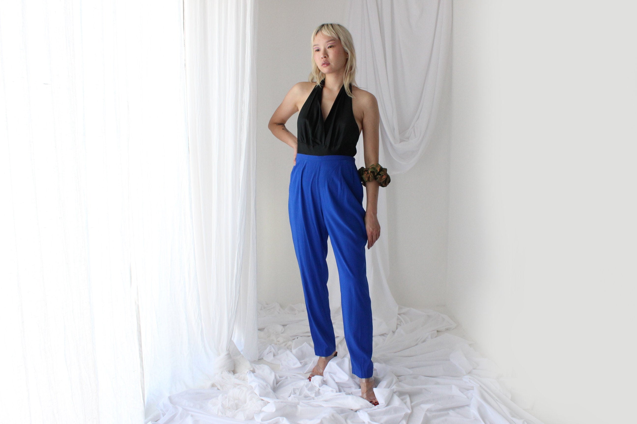 80s Pure Silk Cobalt Blue Relaxed Tapered Trousers