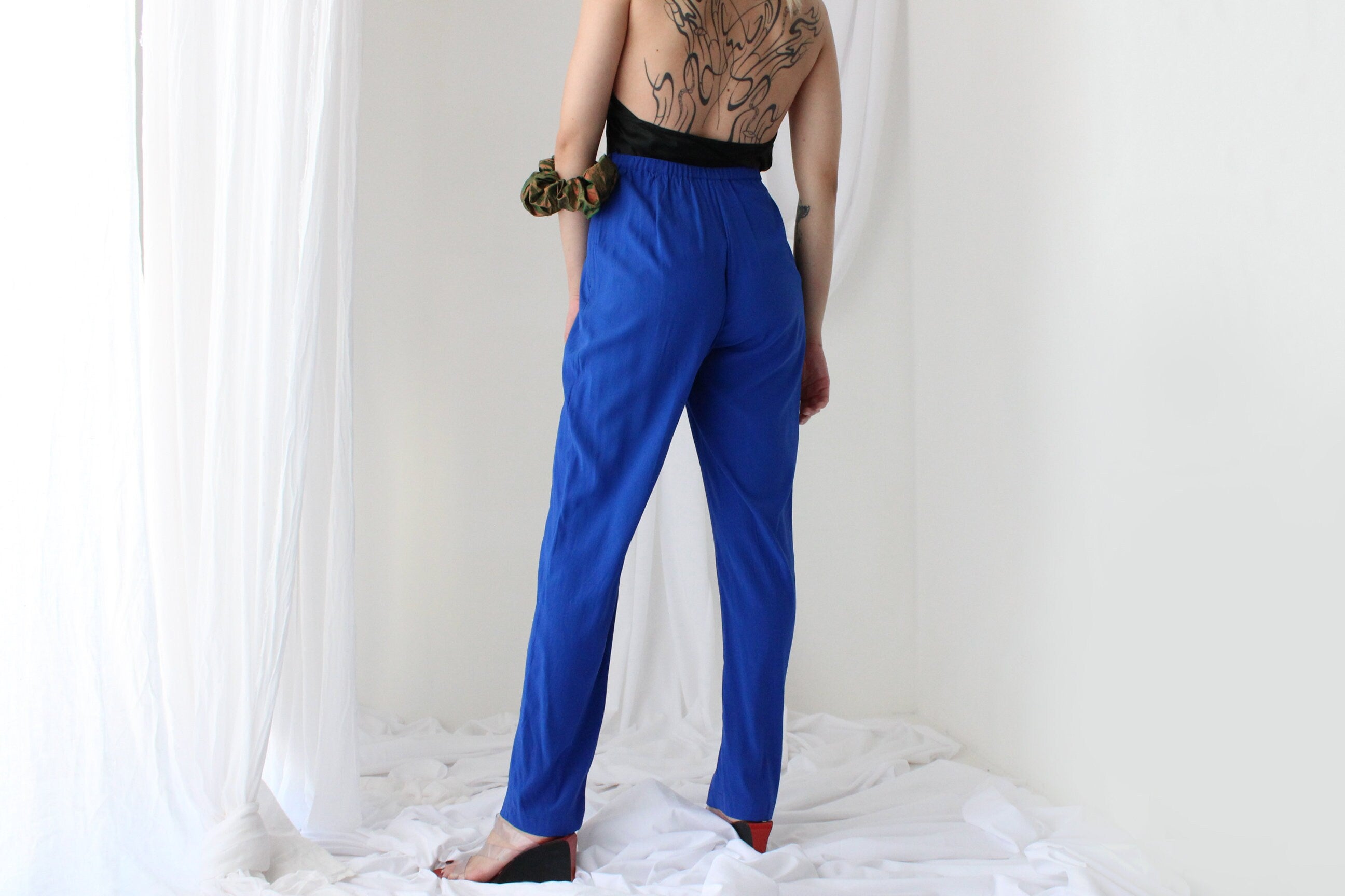 80s Pure Silk Cobalt Blue Relaxed Tapered Trousers