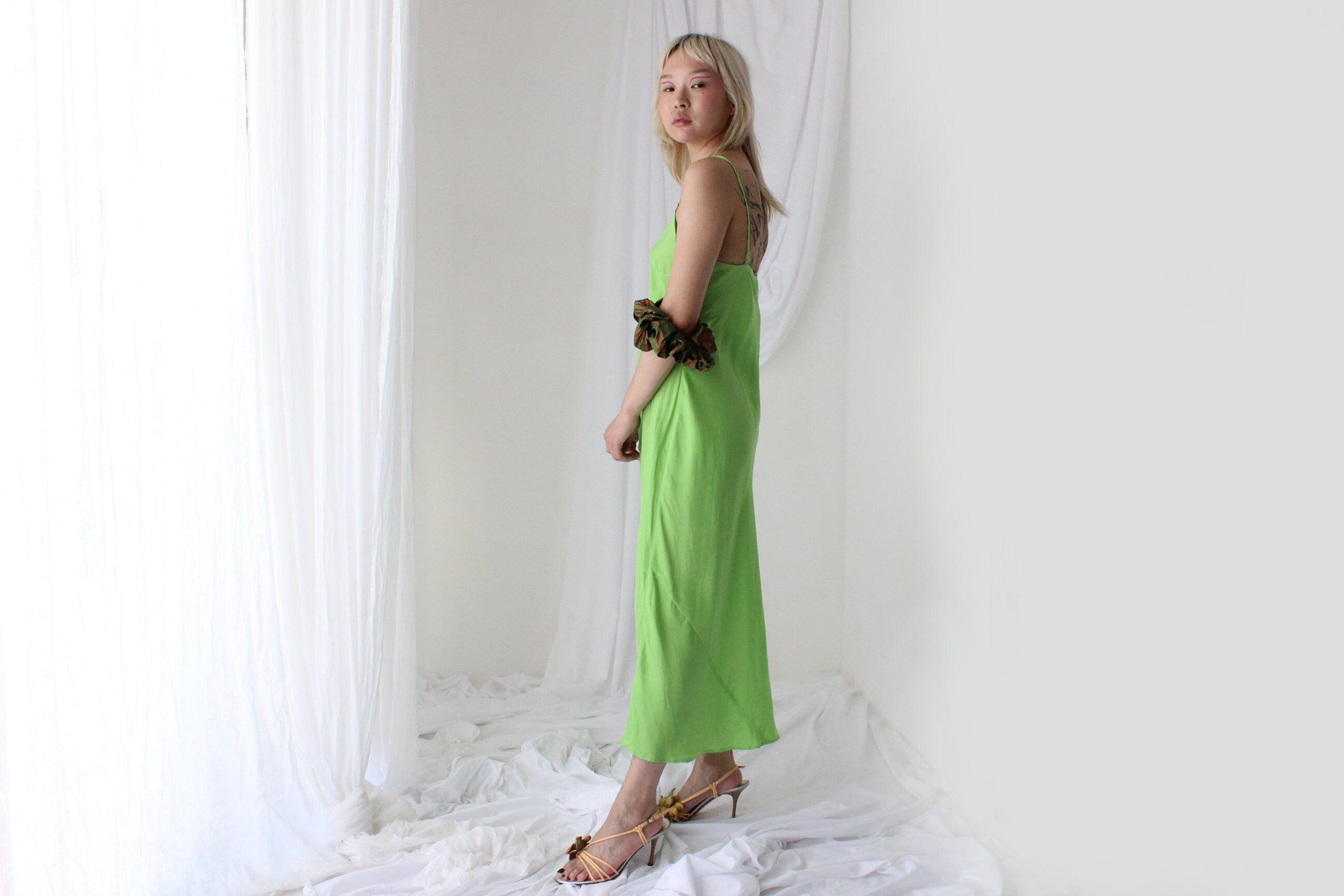 90s Pure Silk Bias Cut Slip Dress in Lime