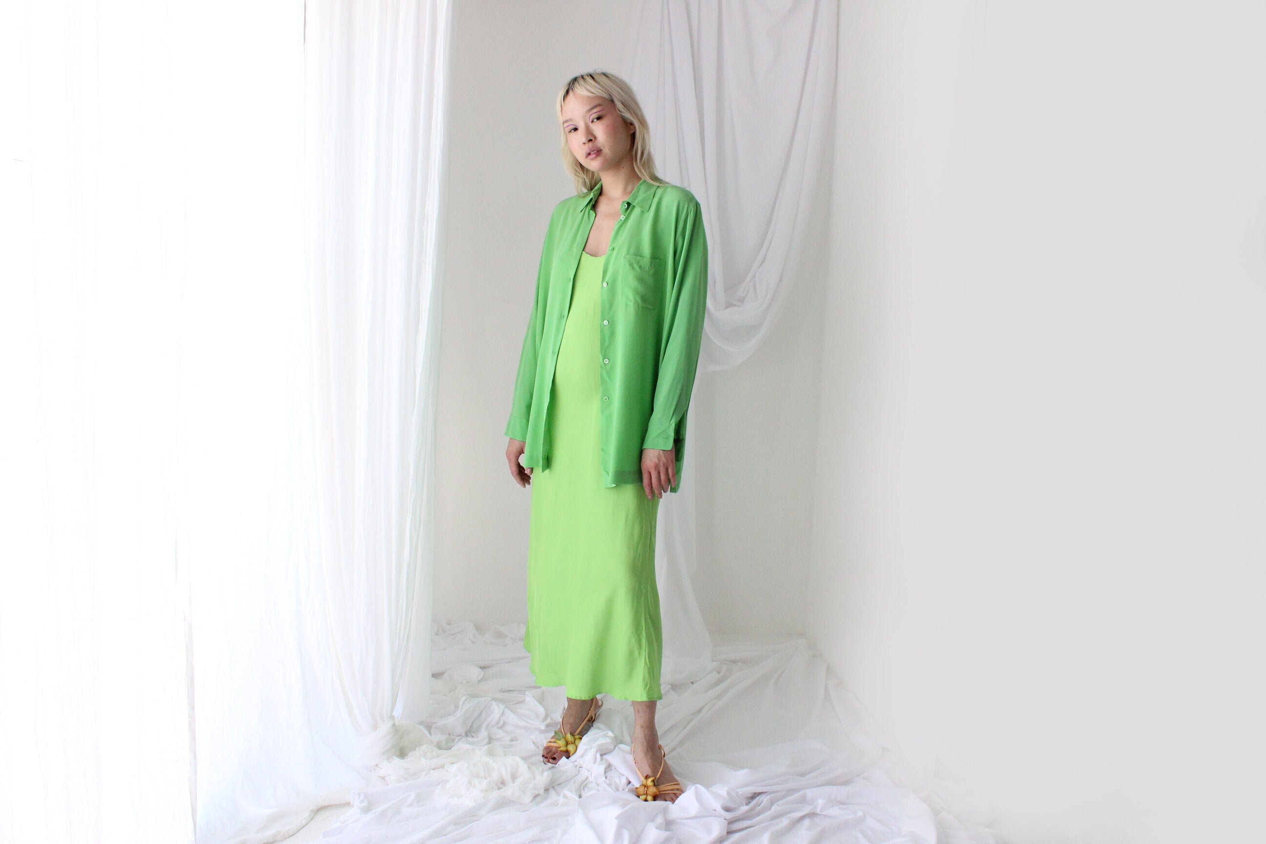 90s Pure Silk Bias Cut Slip Dress in Lime