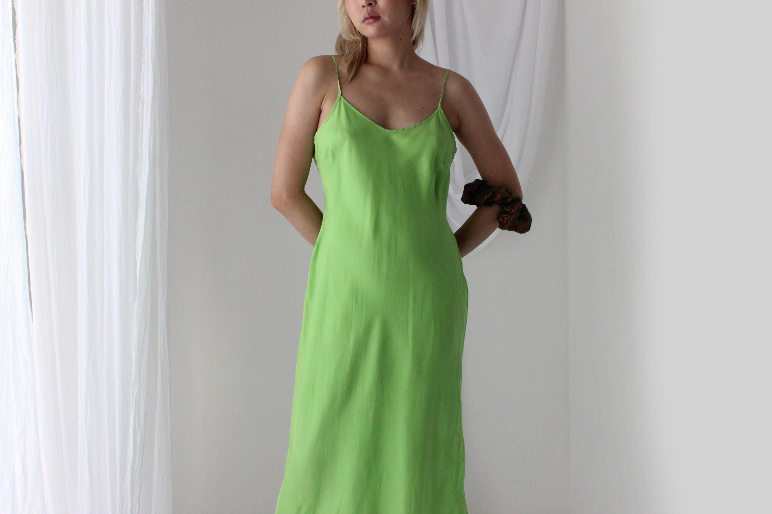 90s Pure Silk Bias Cut Slip Dress in Lime