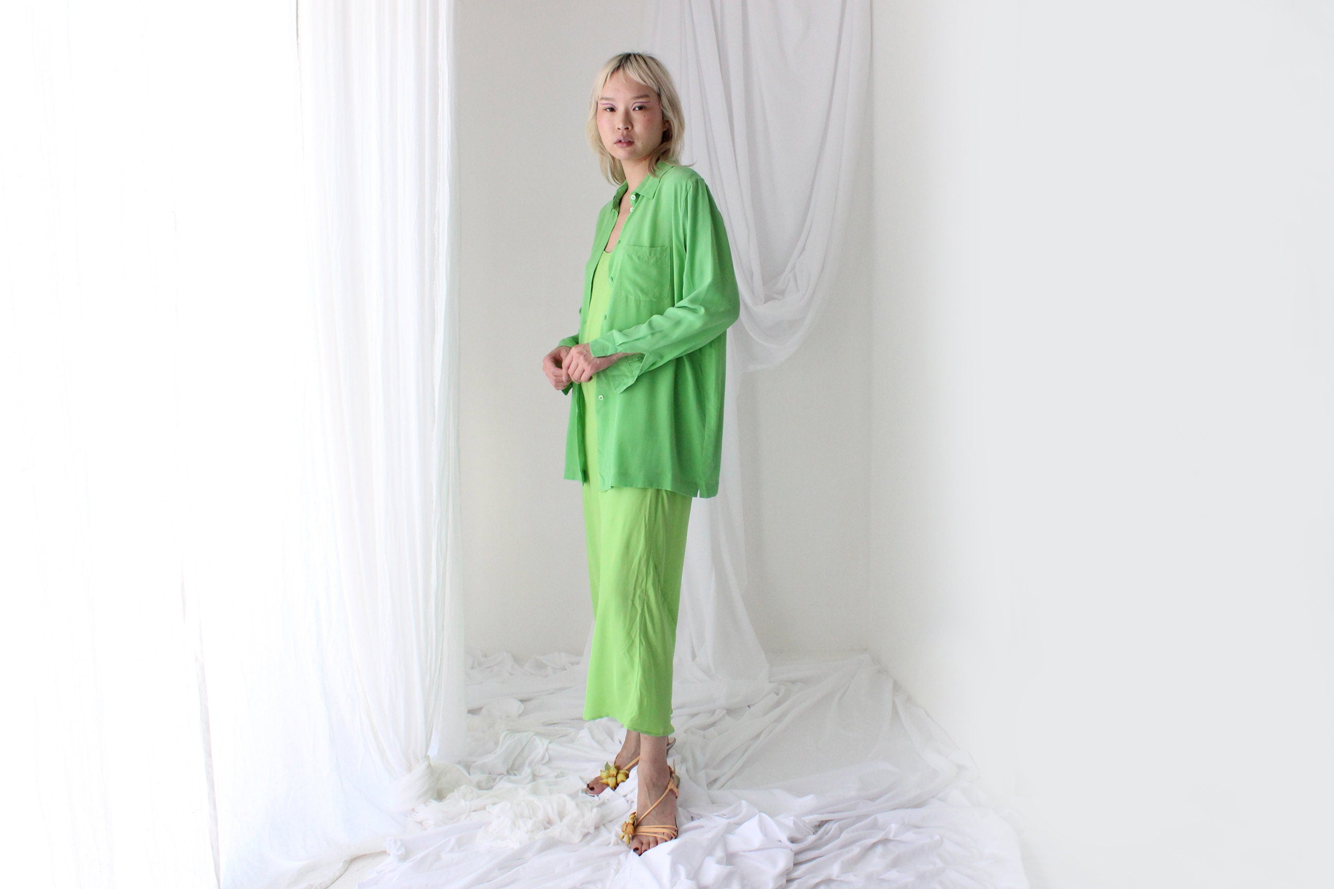 90s Silk Crêpe De Chine Luxurious Lime Green Shirt