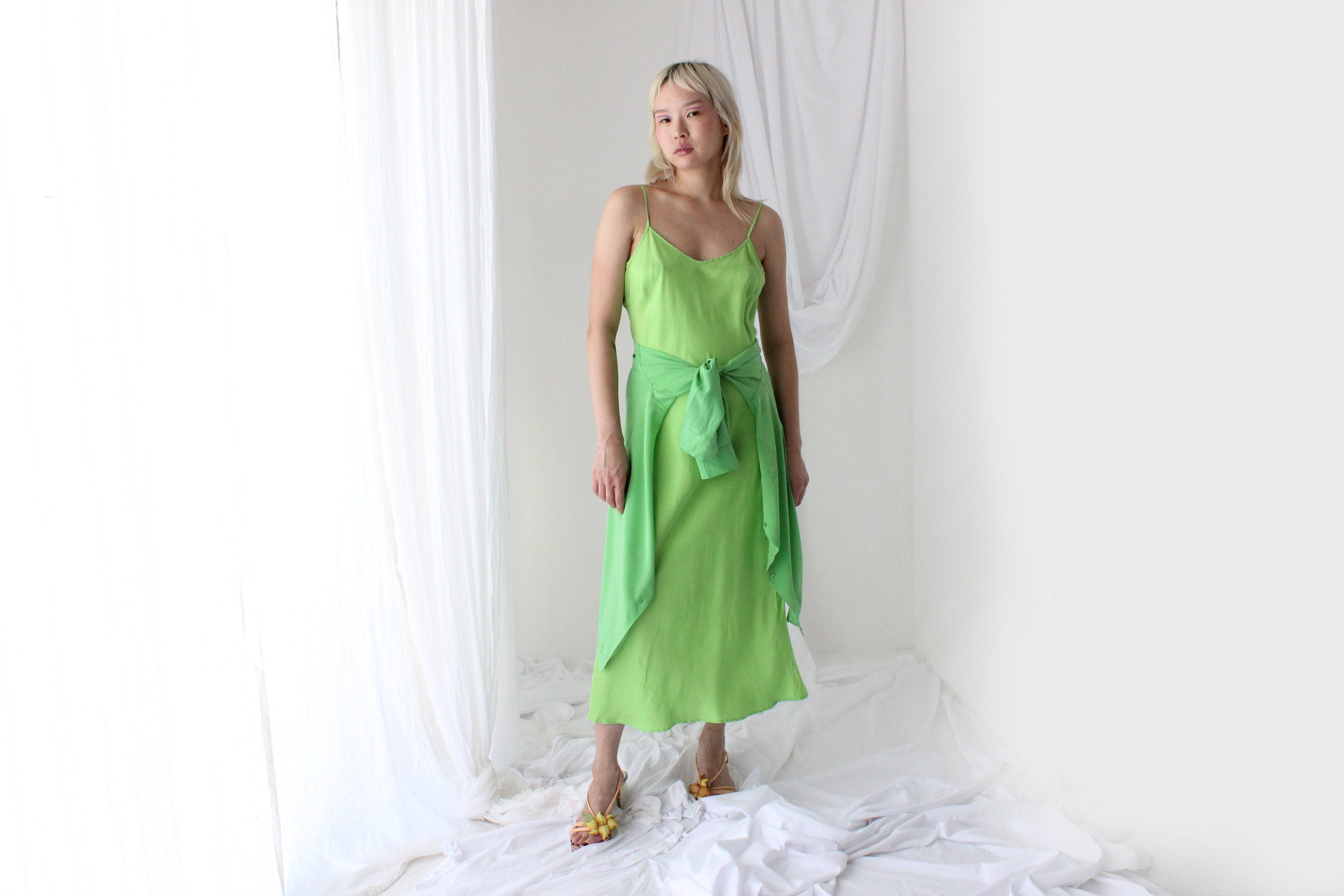 90s Silk Crêpe De Chine Luxurious Lime Green Shirt