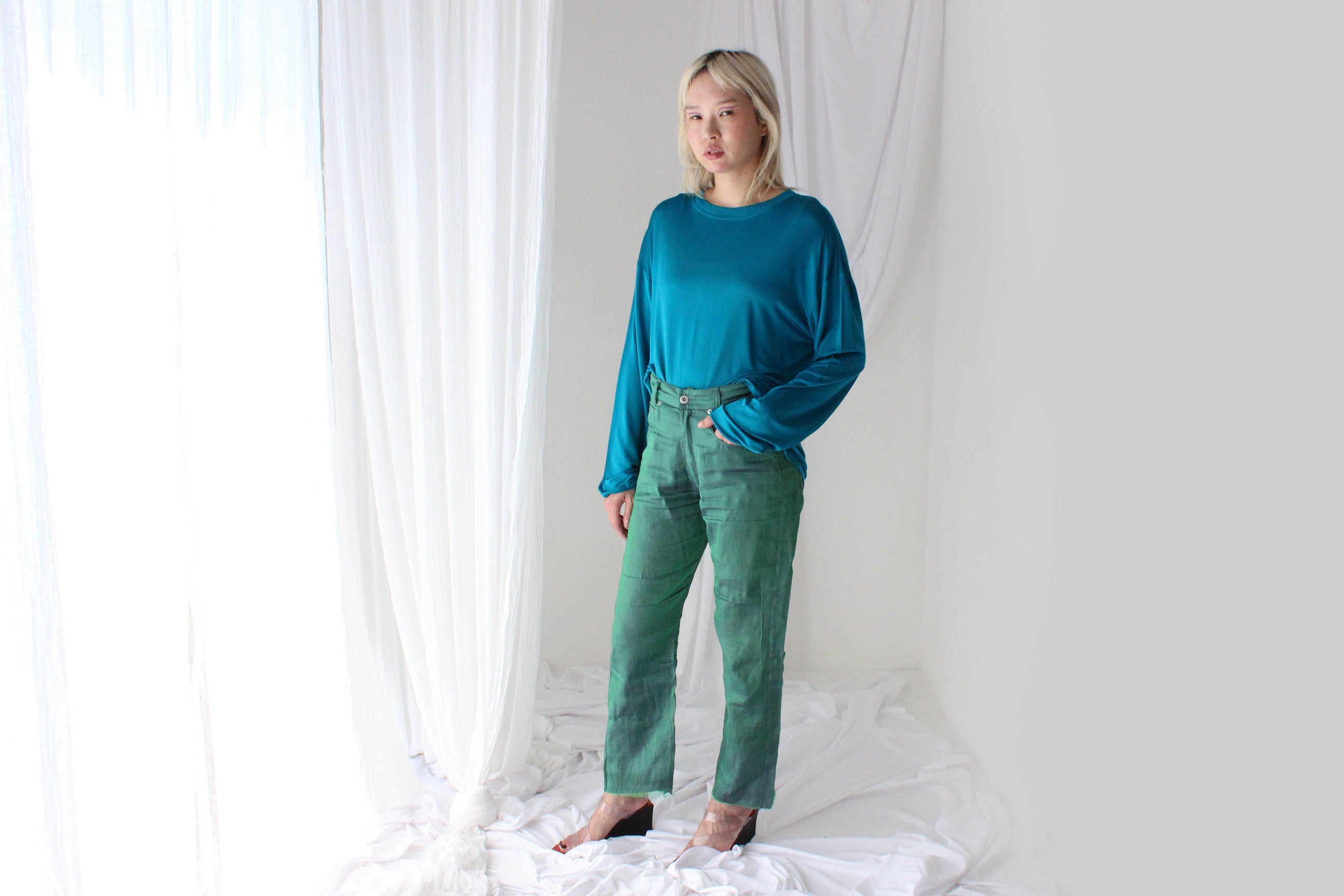 Luxury 80s PURE SILK JERSEY Minimal Slouch Top in Teal