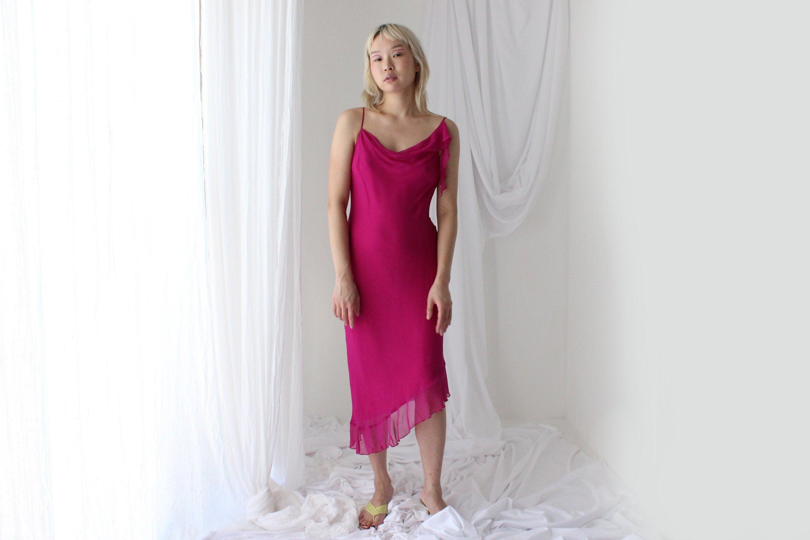 Y2K PURE SILK Fabulous Magenta Asymmetric Ruffle Dress