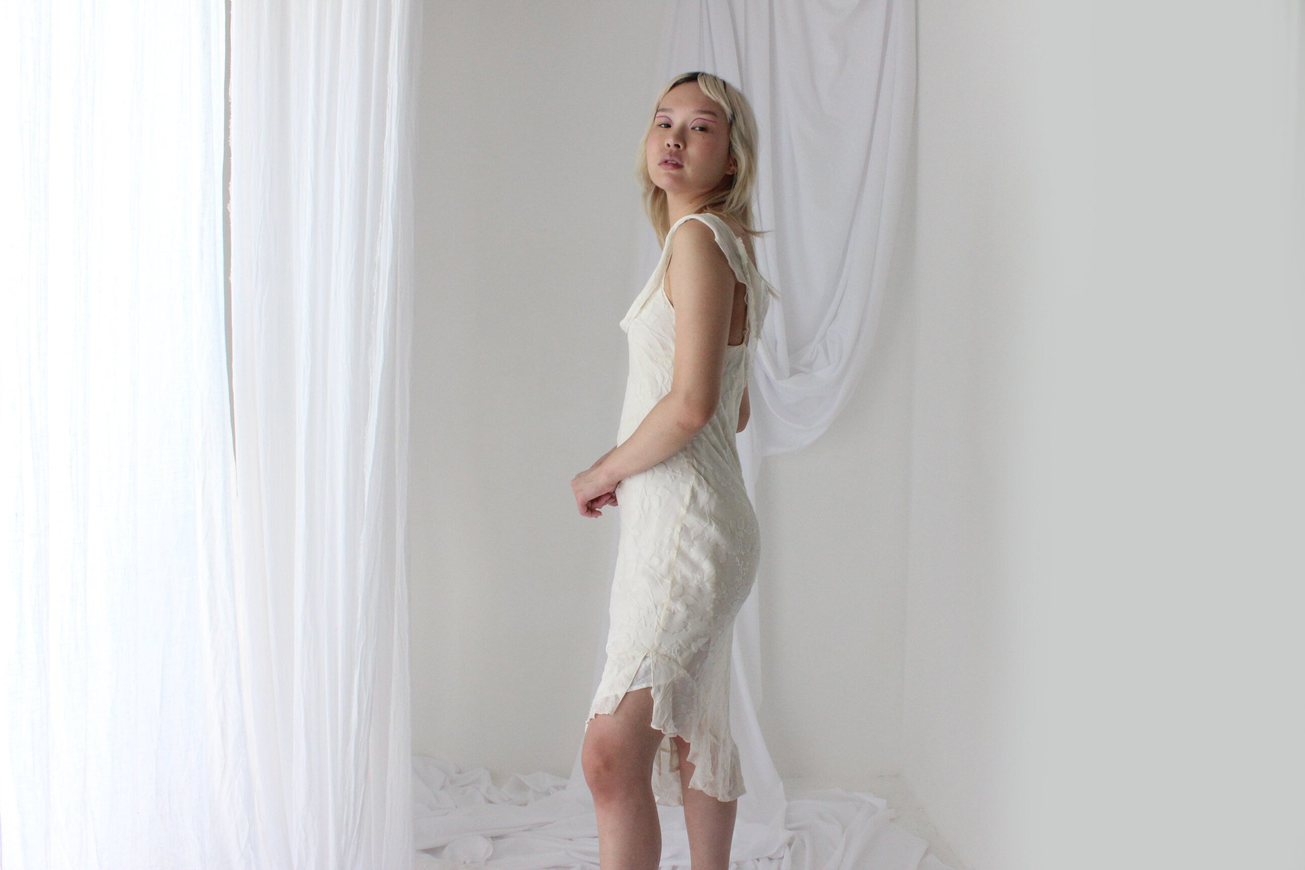 Y2K PURE SILK Ivory Velvet Burnout Asymmetric Dress