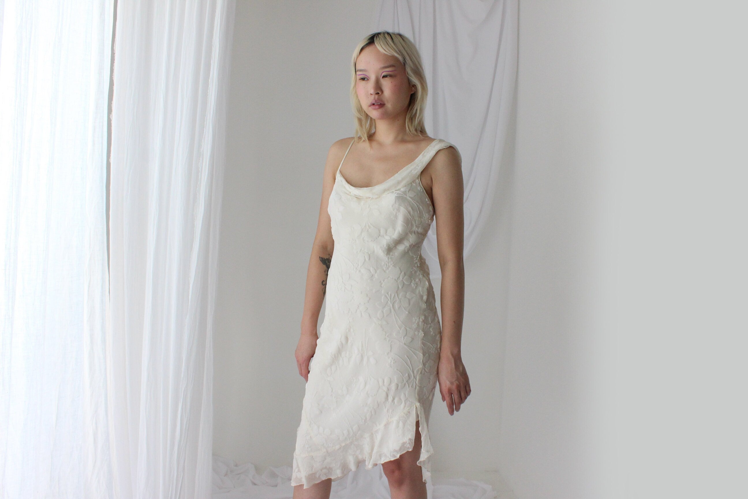 Y2K PURE SILK Ivory Velvet Burnout Asymmetric Dress