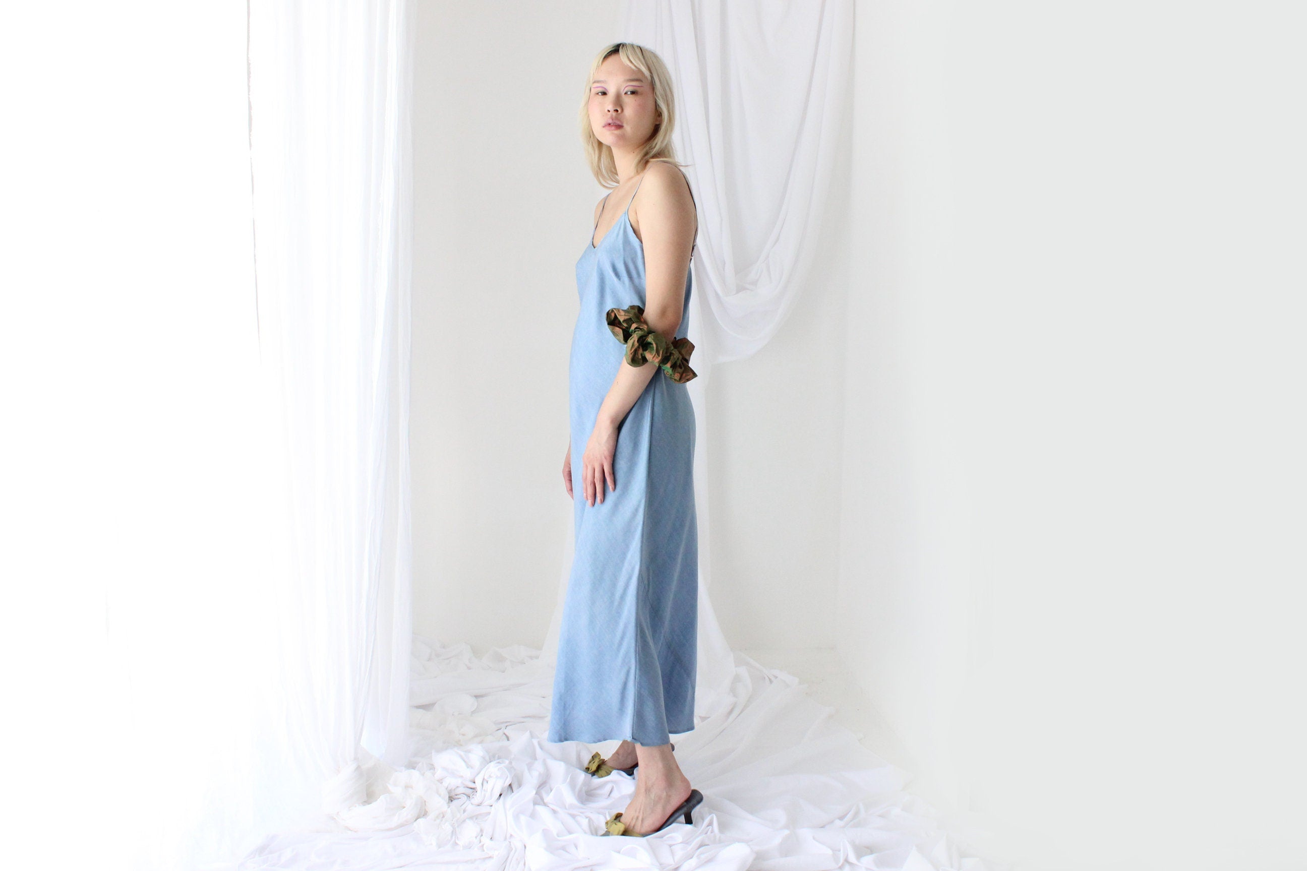 90s Pure Silk Bias Cut Slip Dress in "Lightwash Denim"