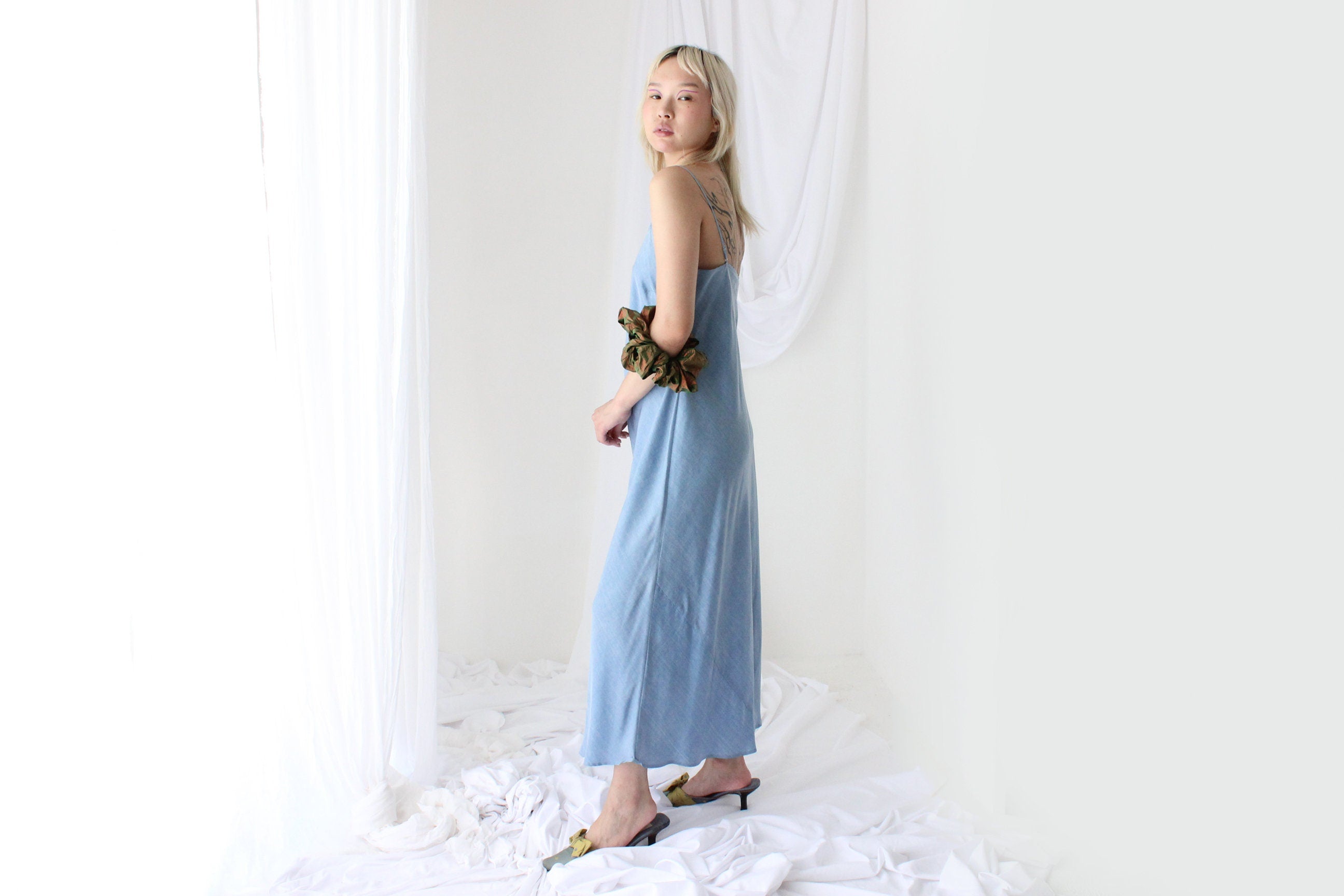 90s Pure Silk Bias Cut Slip Dress in "Lightwash Denim"