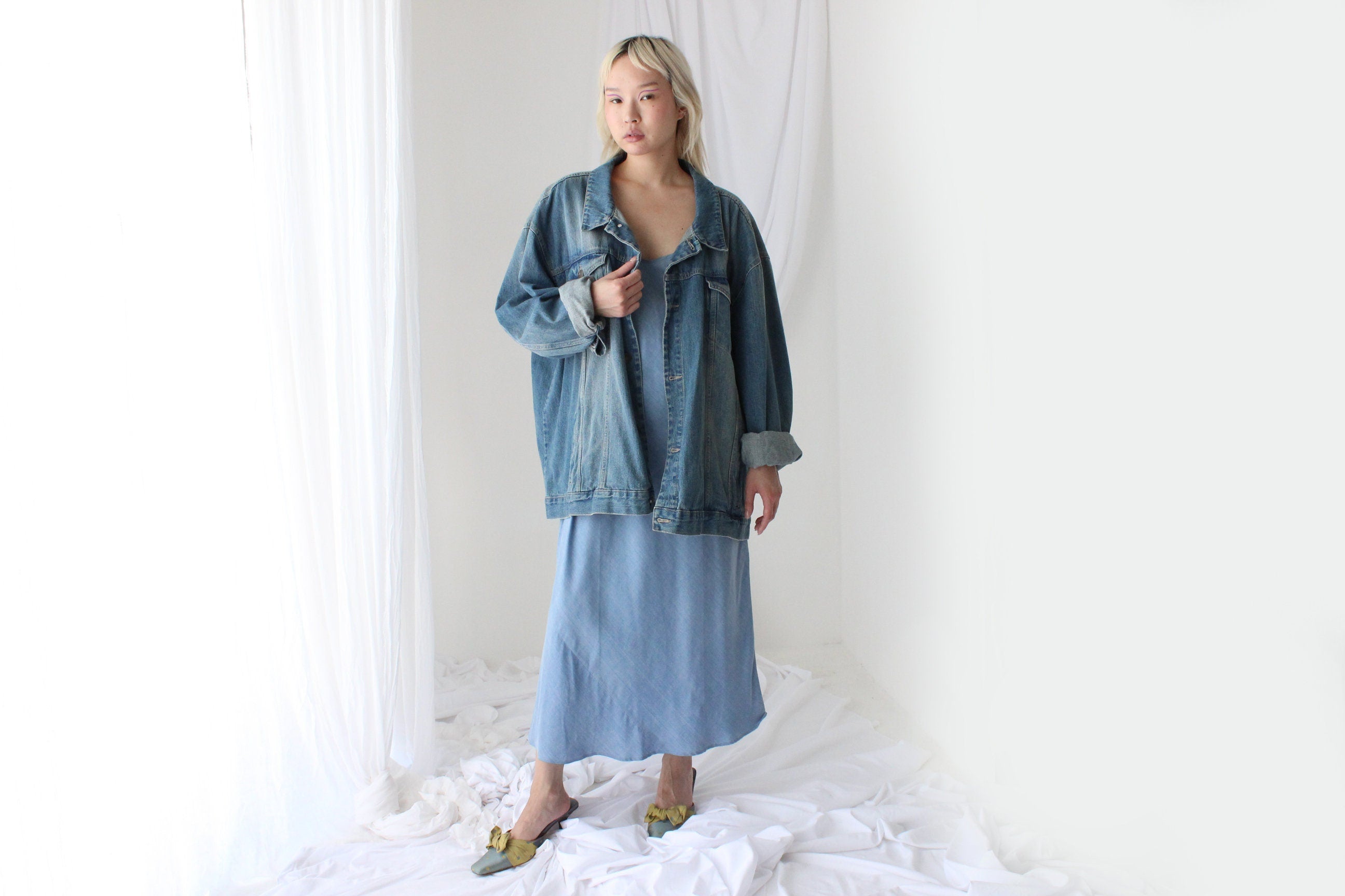 90s Pure Silk Bias Cut Slip Dress in "Lightwash Denim"