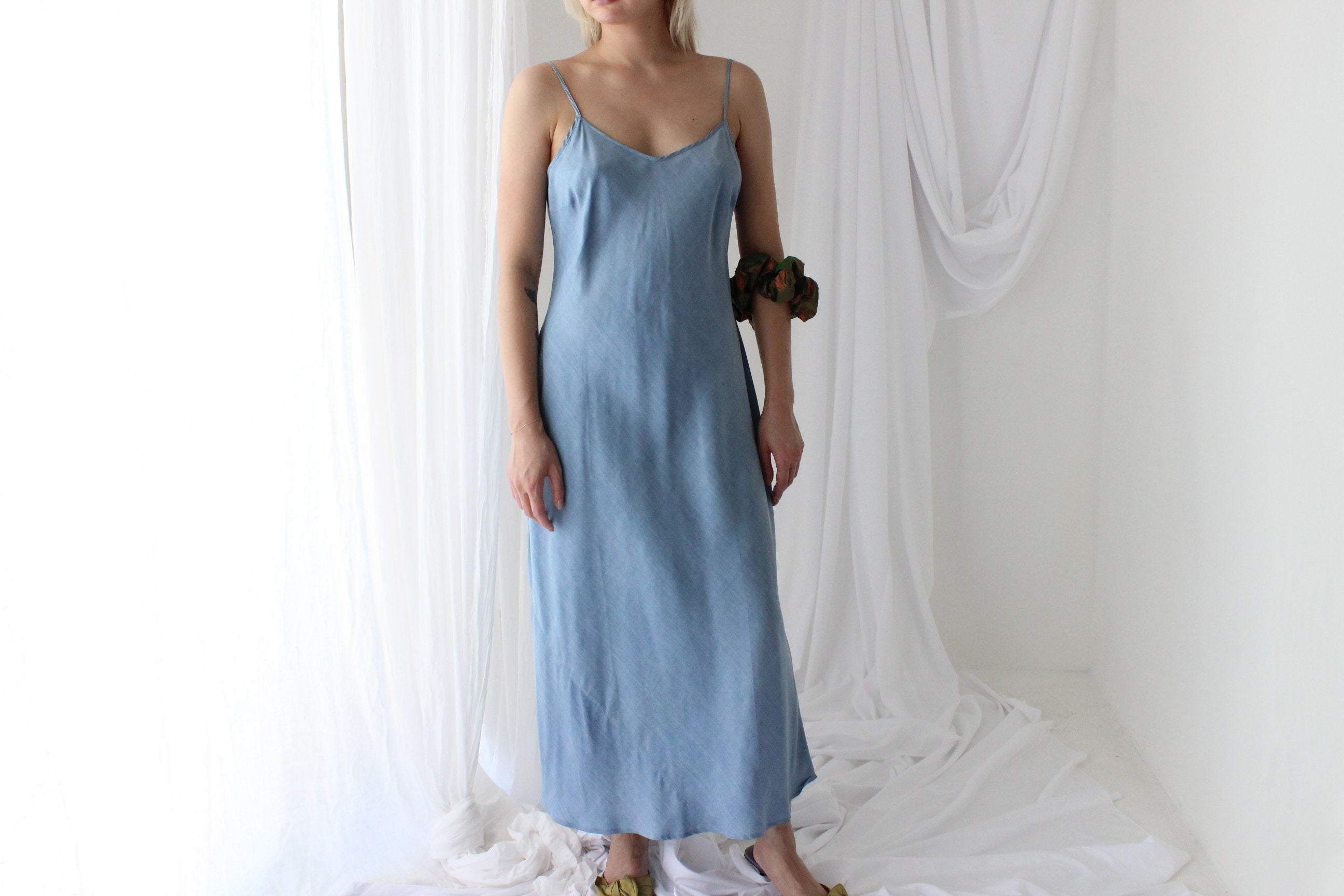90s Pure Silk Bias Cut Slip Dress in "Lightwash Denim"