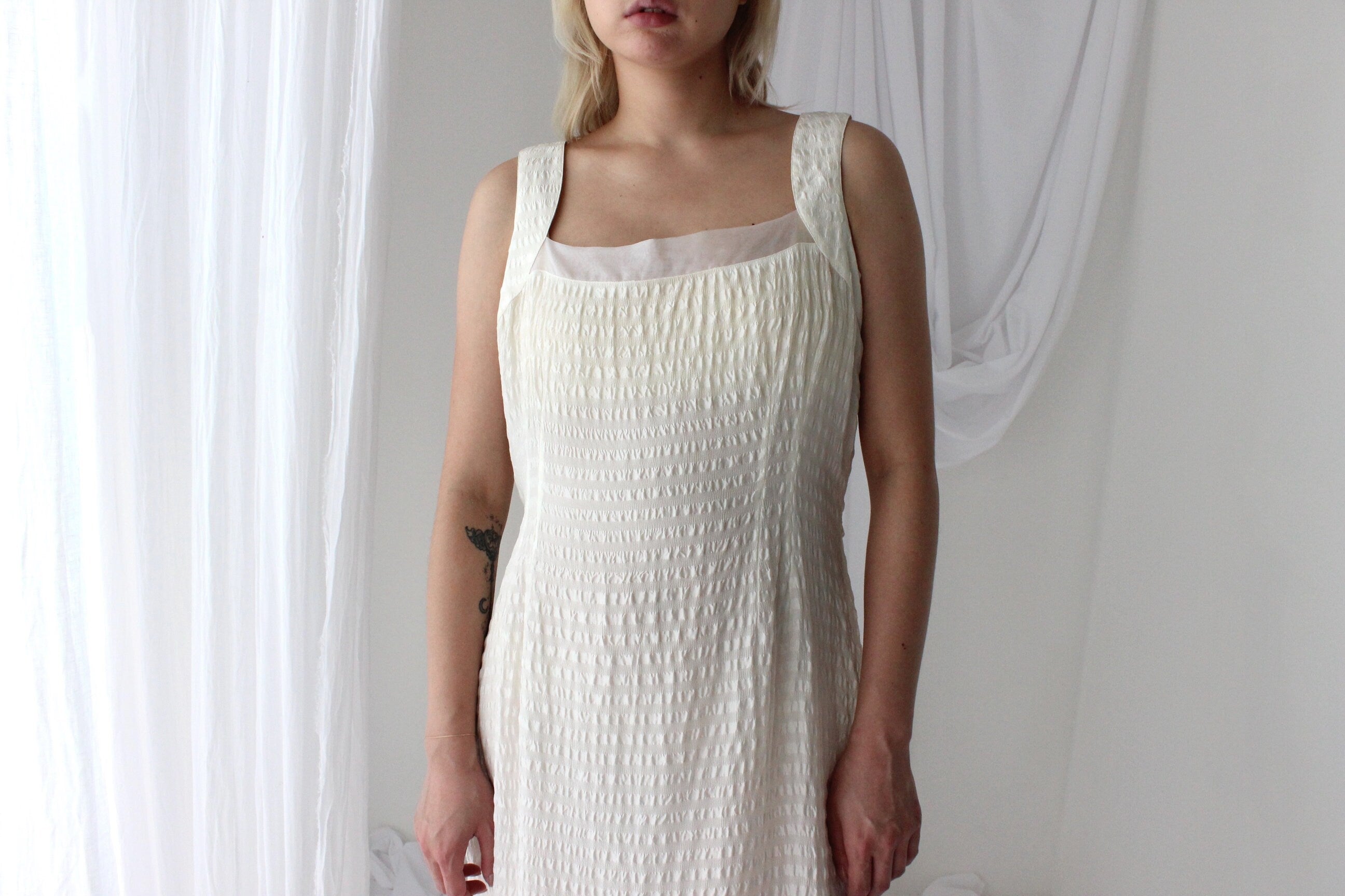 90s Textured Silk Relaxed Cream "Bubble" Dress