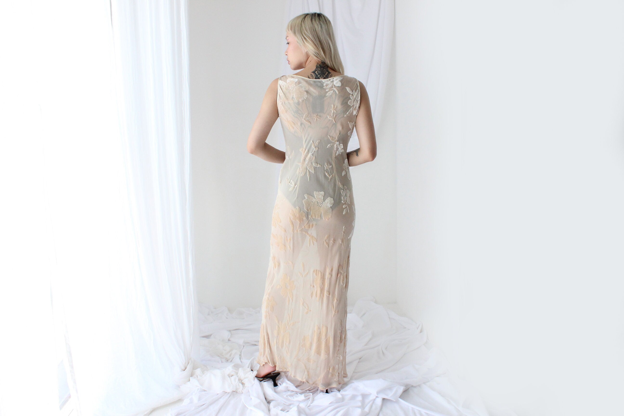 90s Luxurious PURE SILK VELVET Floral Burnout Bias Cut Gown