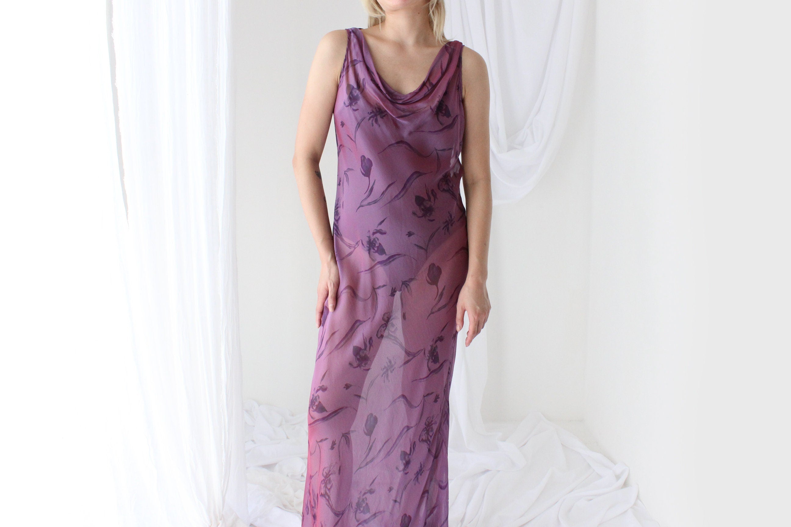 Y2K PURE SILK Holographic Shimmer Sheer Cowl Neck Gown