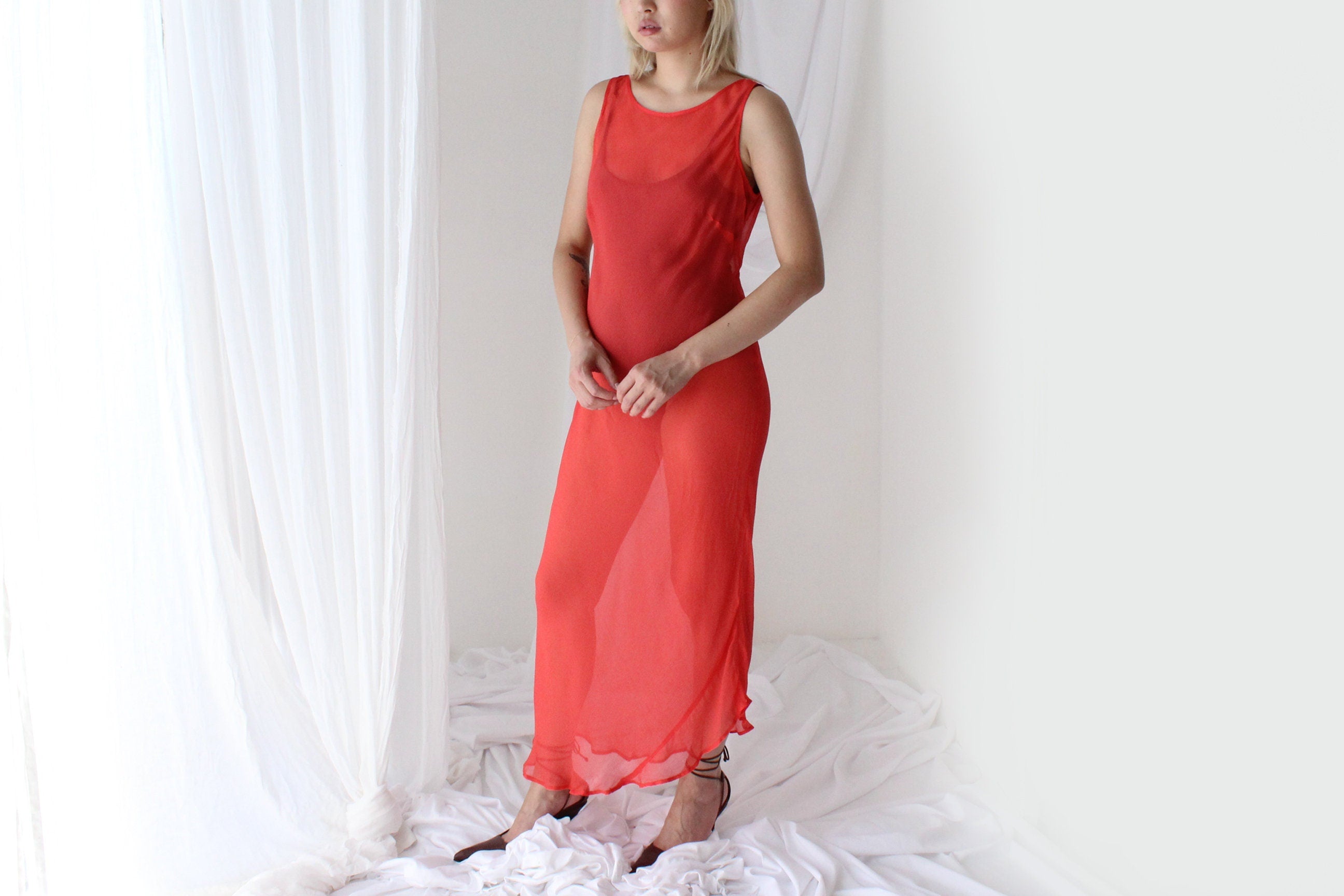 90s PURE SILK Georgette Sheer Coral Minimal Simple Bias Cut/High Neck Sleeveless Dress