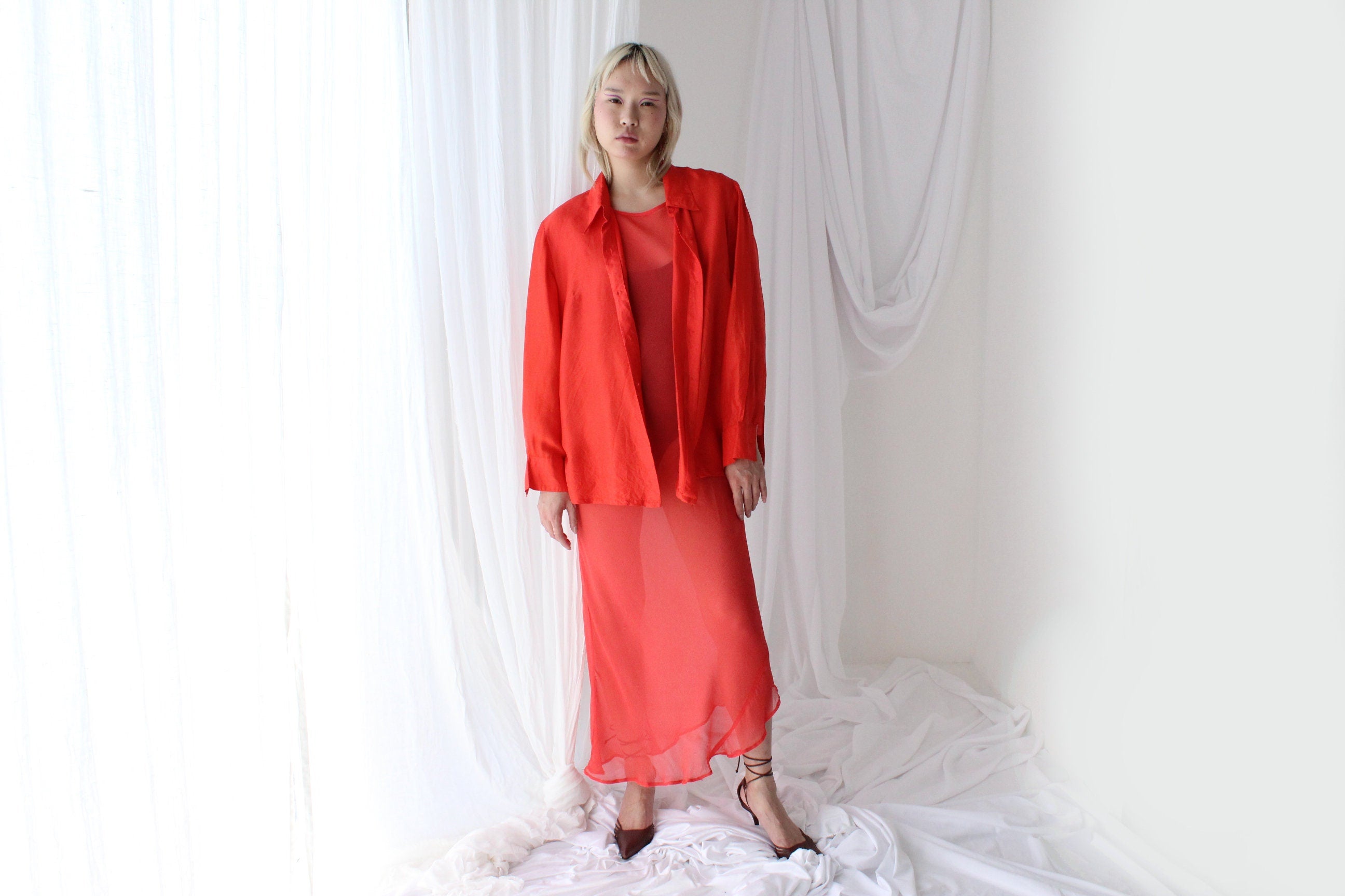 80s Coral Silk Luxury Oversized Shirt