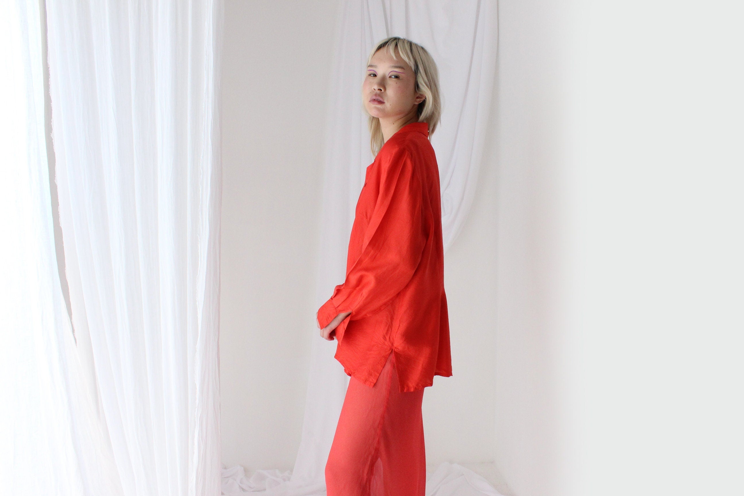 80s Coral Silk Luxury Oversized Shirt