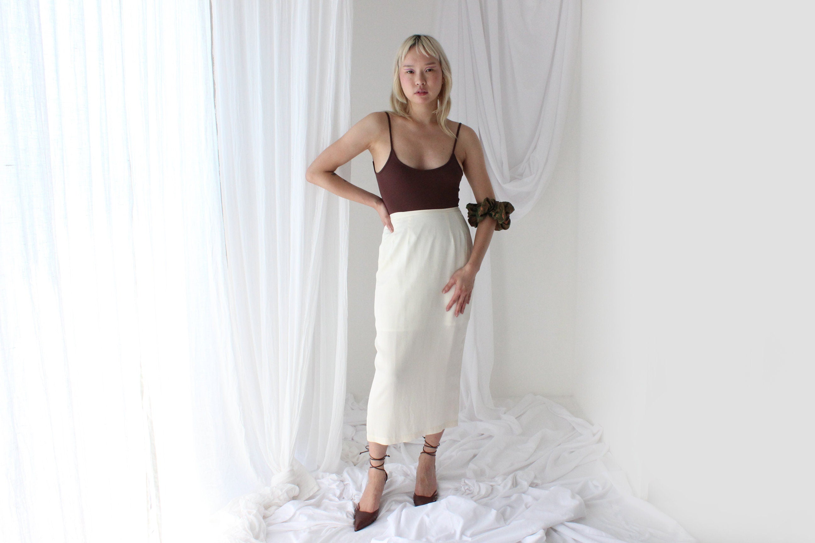 80s Ivory Silk Minimal High Waist Pencil Skirt