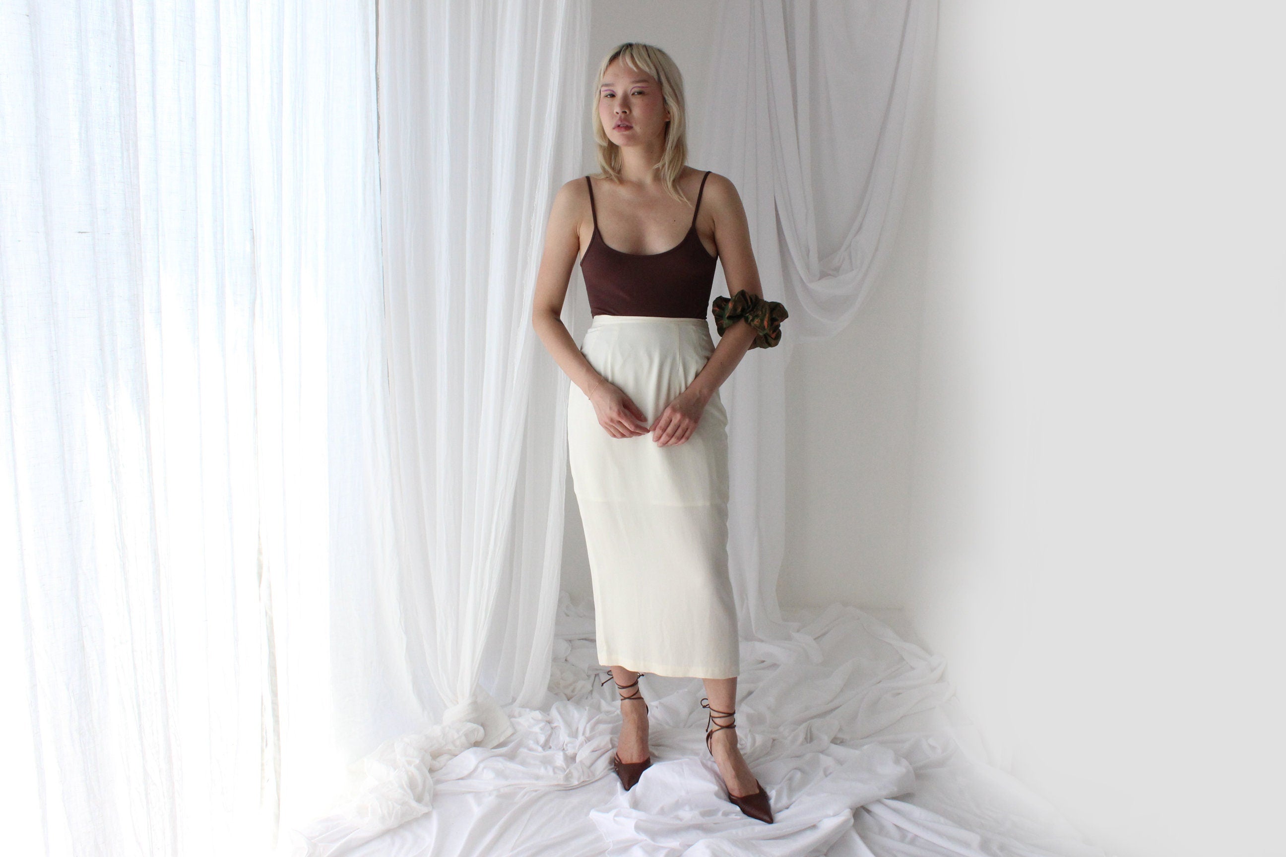 80s Ivory Silk Minimal High Waist Pencil Skirt