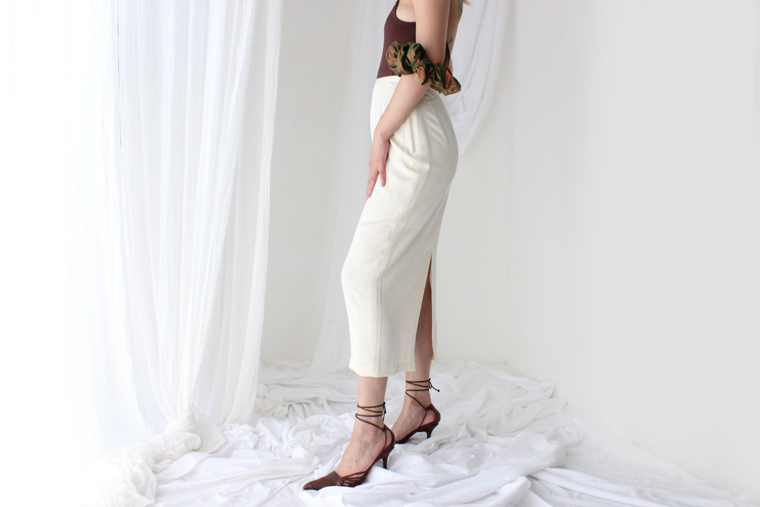 80s Ivory Silk Minimal High Waist Pencil Skirt