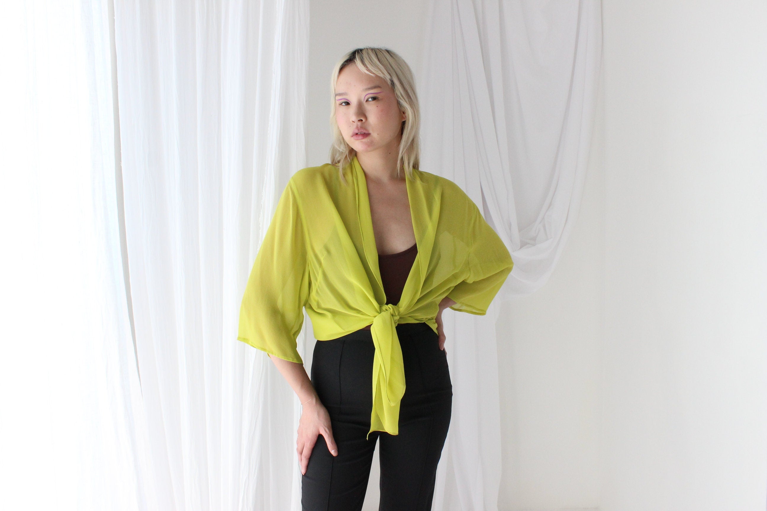 Luxury 90s PURE SILK GEORGETTE Vibrant Chartreuse Kimono