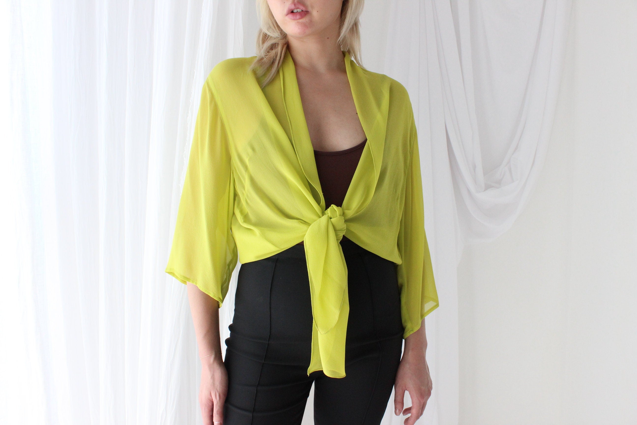 Luxury 90s PURE SILK GEORGETTE Vibrant Chartreuse Kimono