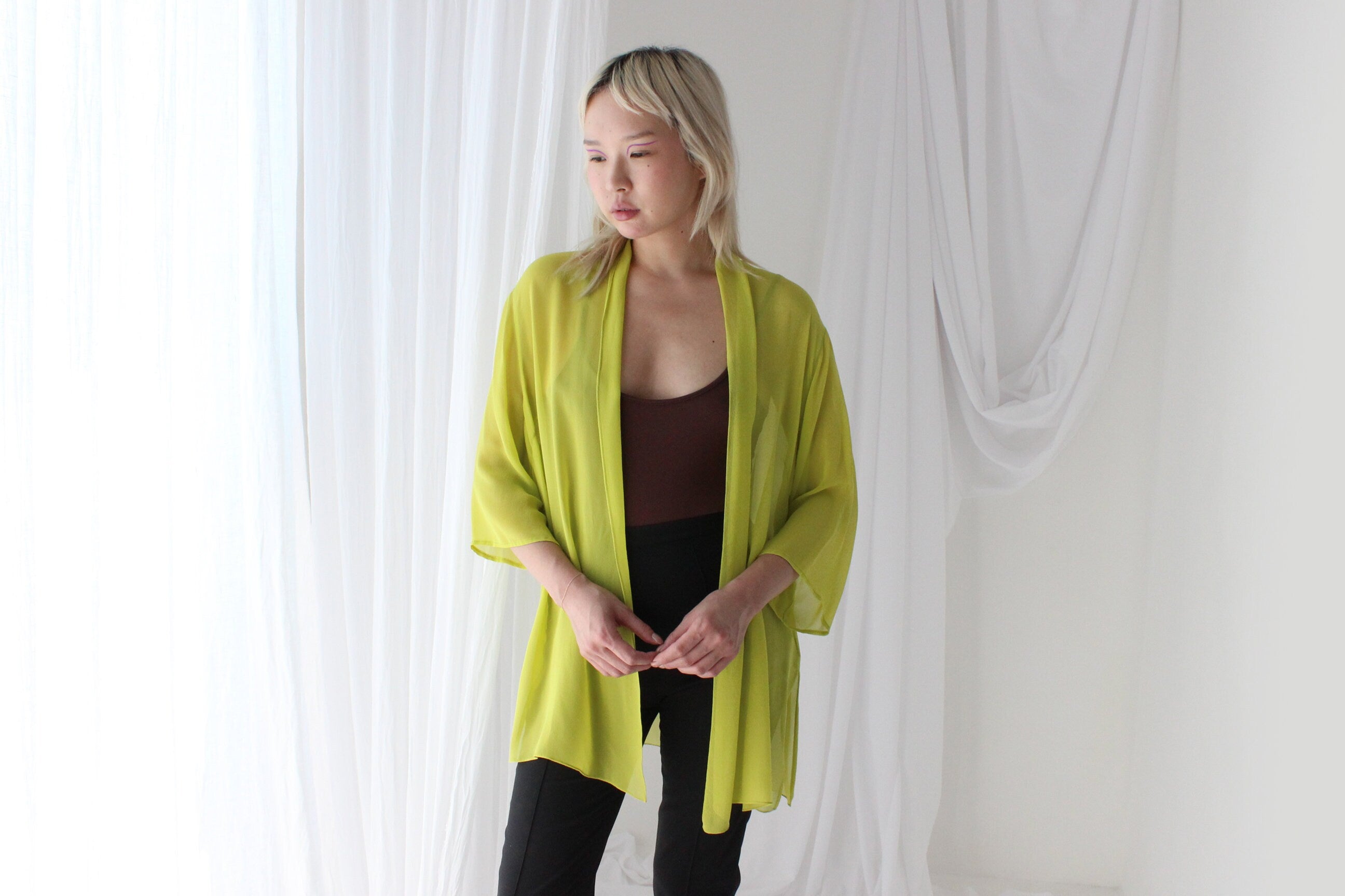 Luxury 90s PURE SILK GEORGETTE Vibrant Chartreuse Kimono