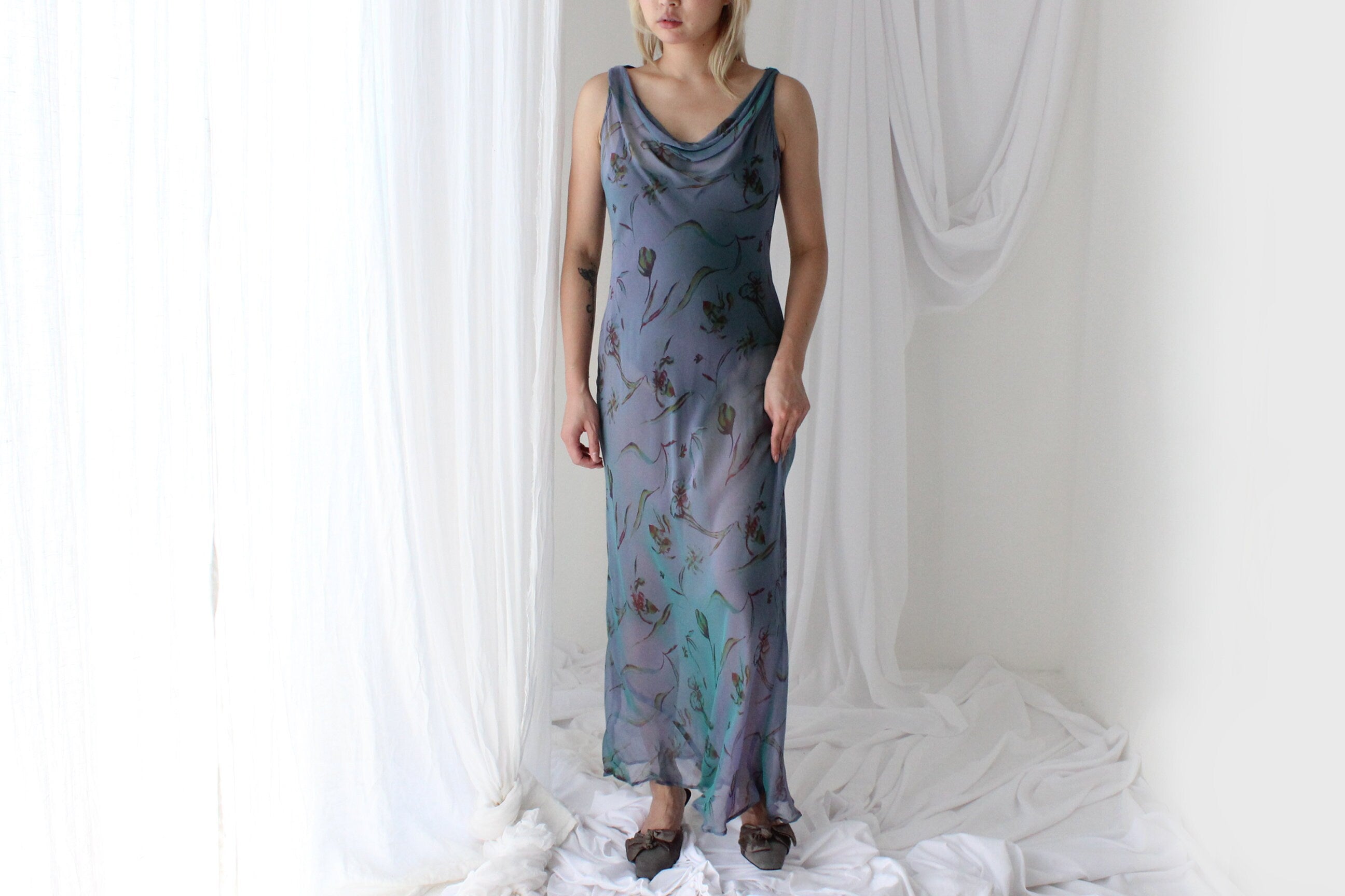 Y2K PURE SILK Teal Shimmer Sheer Cowl Neck Gown