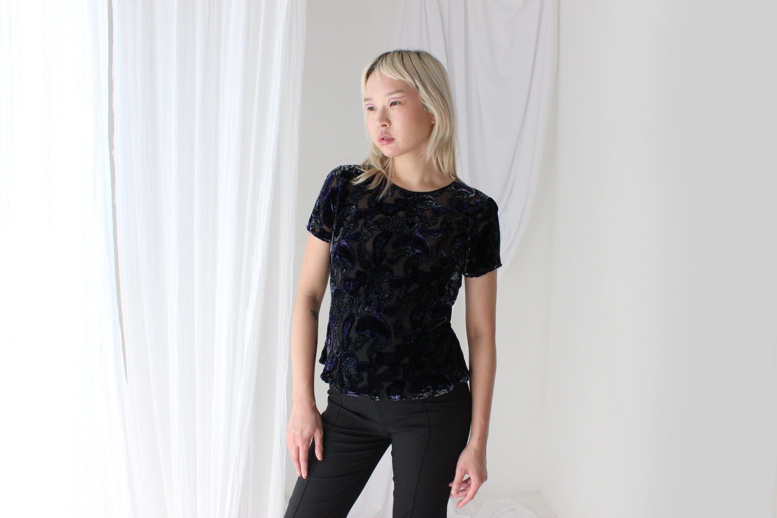 90s Silk Velvet Paisley Burnout Bias Cut Tee