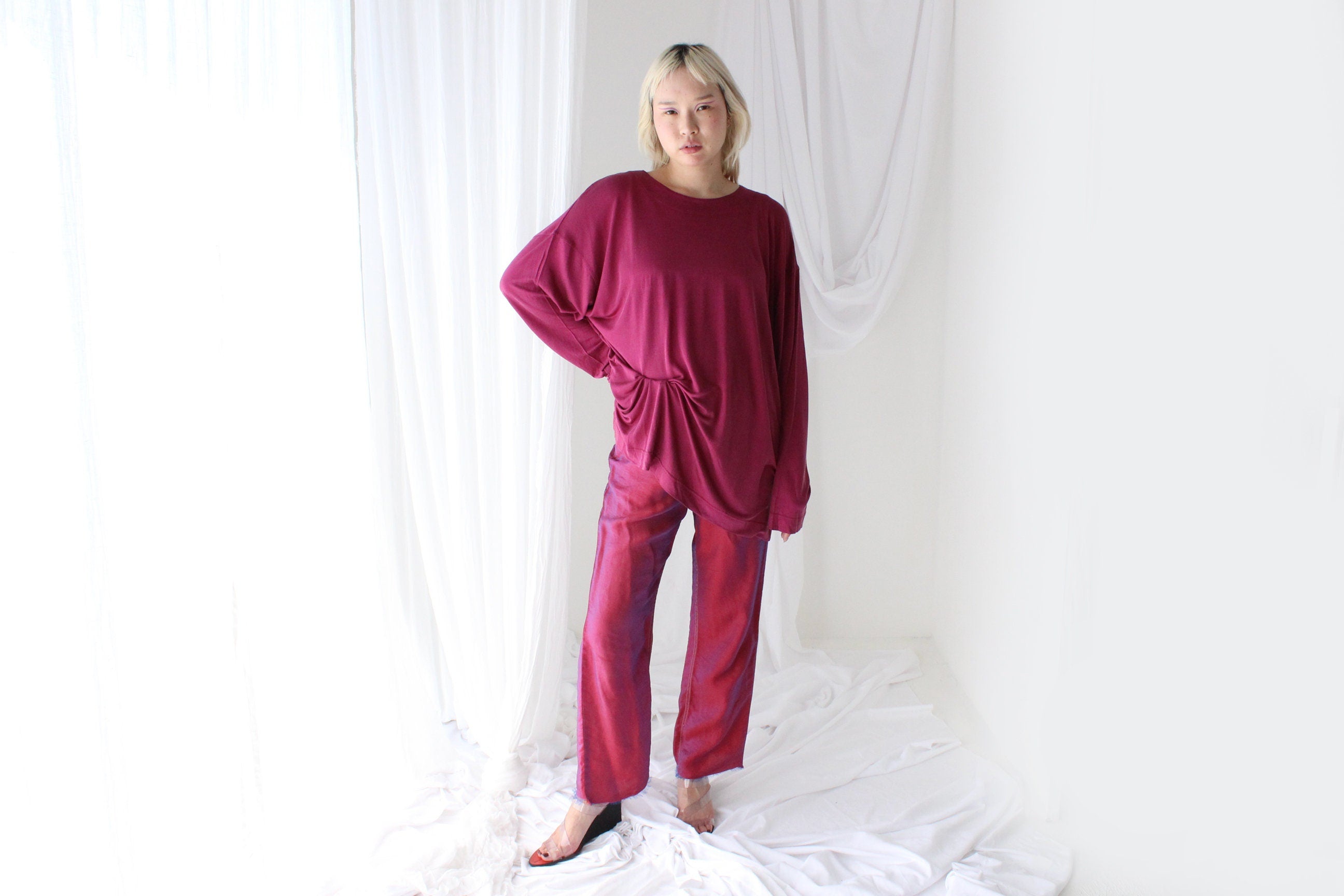 Luxury 90s Pure Silk Jersey Oversized Top or Dress in Magenta