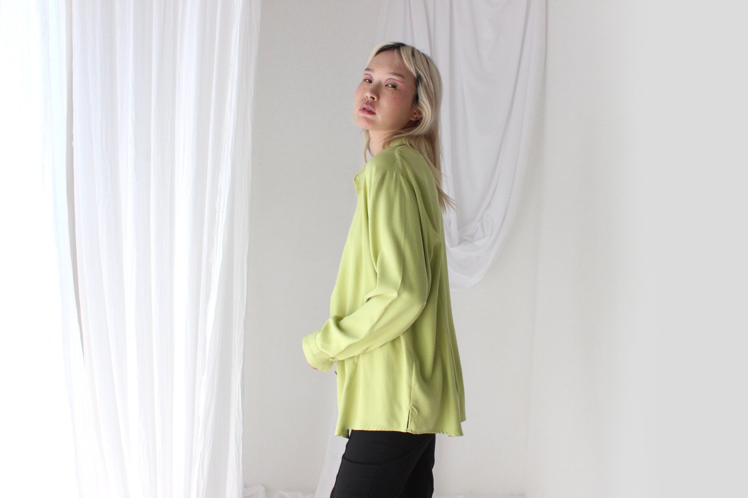 90s Pure Silk Chartreuse Oversized Button Up Shirt