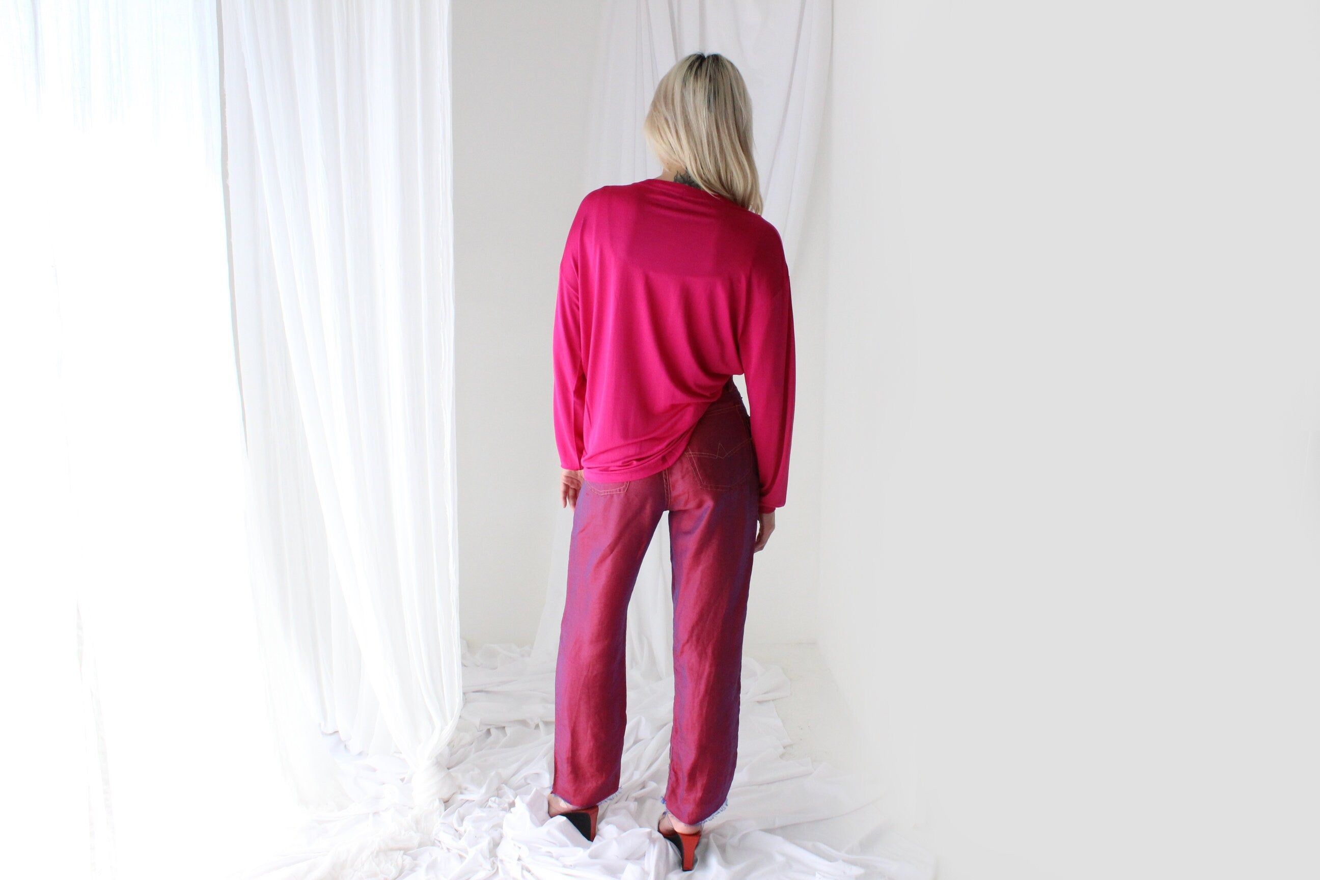 Luxury 80s PURE SILK JERSEY Minimal Slouch Top in Magenta