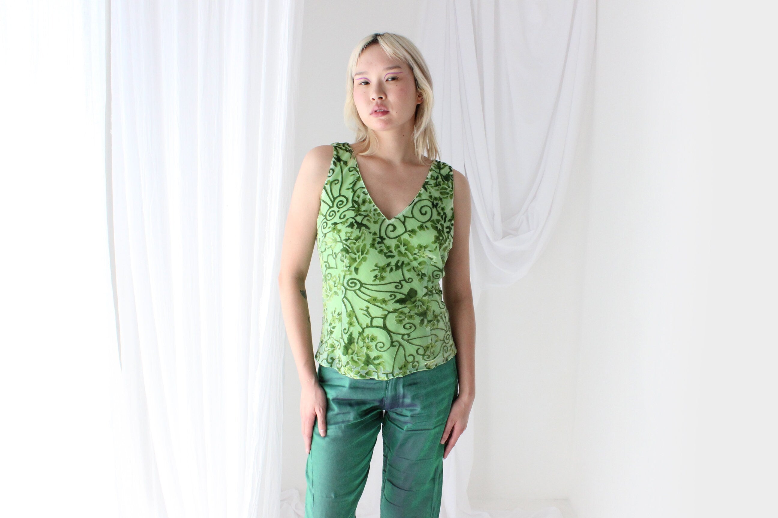 Y2K Lime Velvet Burnout V Neck Bias Cut Tank