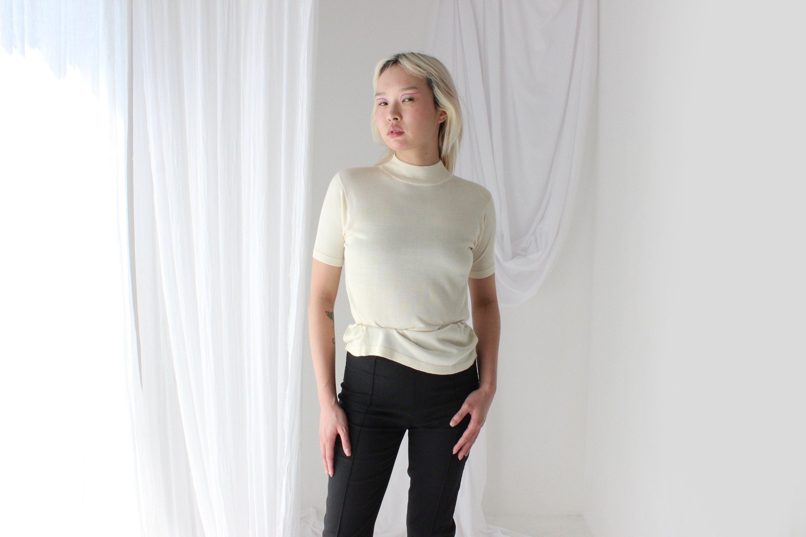 80s PURE SILK Luxury High Neck Knit in Ivory